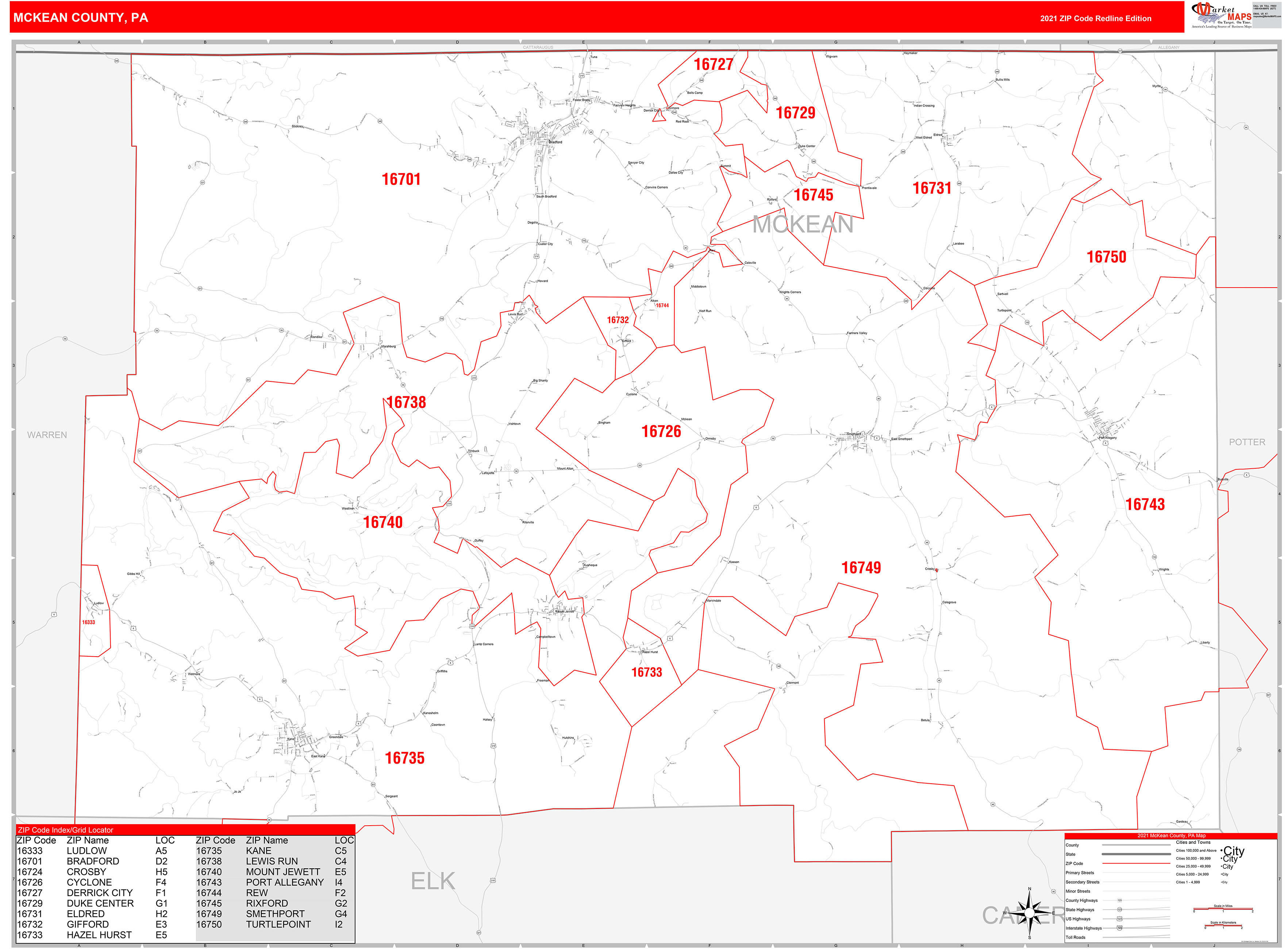 Mckean County Pa Zip Code Wall Map Red Line Style By Marketmaps