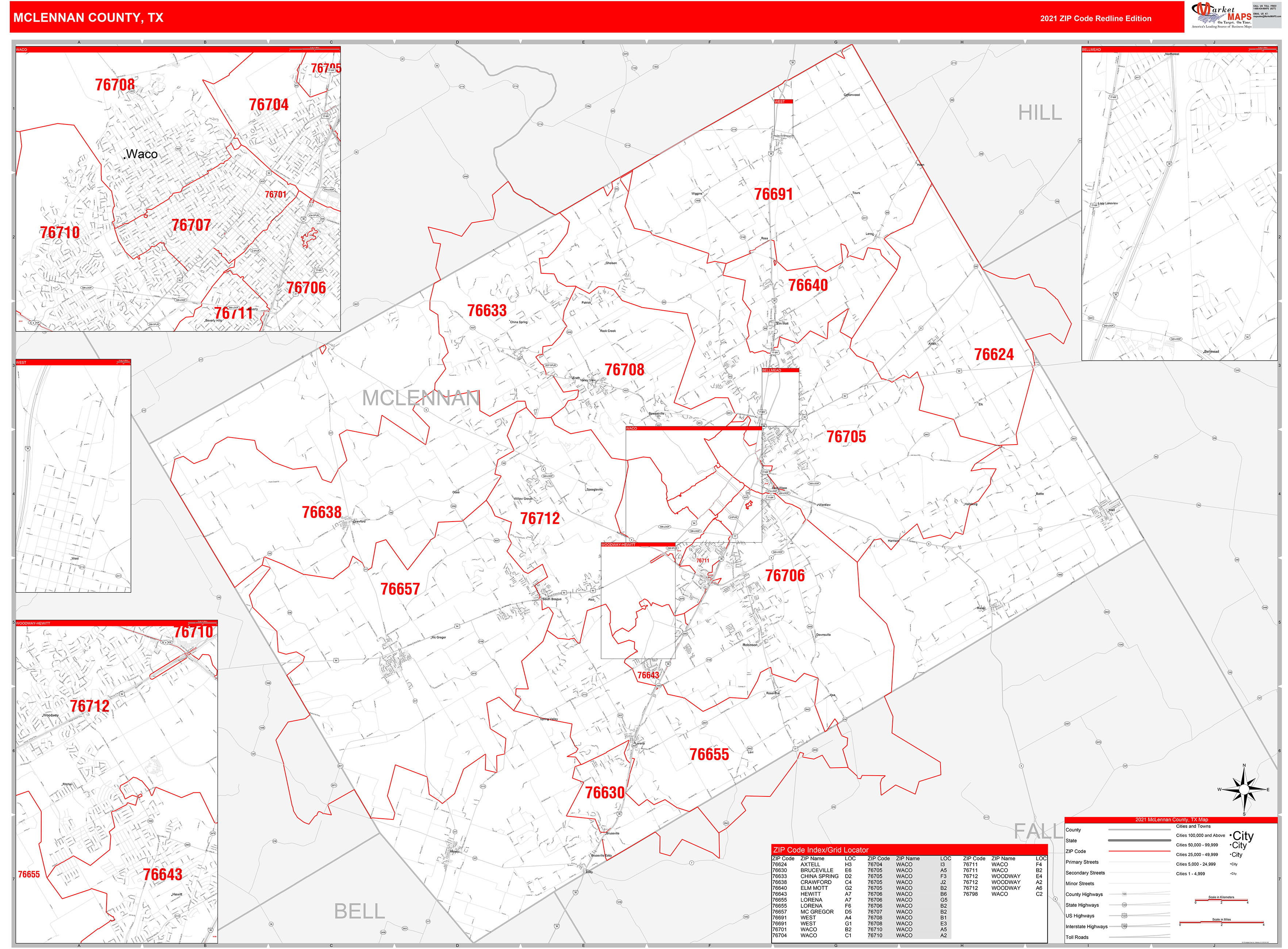 Mclennan County Tx Zip Code Wall Map Red Line Style By Marketmaps