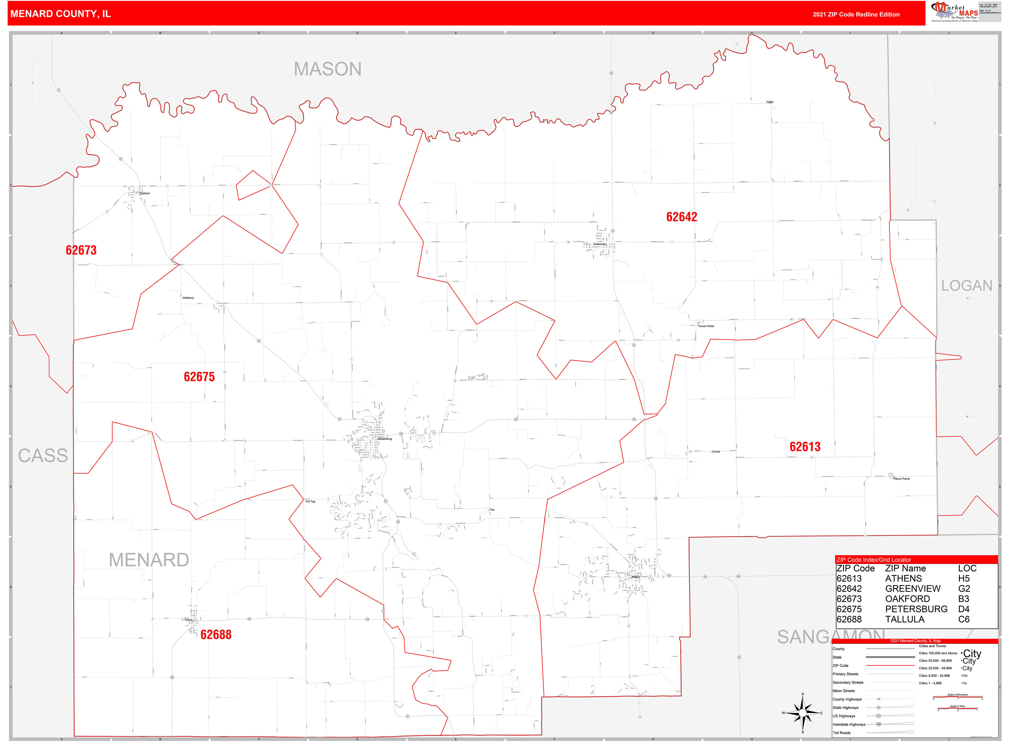 Menard County, IL Zip Code Wall Map Red Line Style by MarketMAPS - MapSales