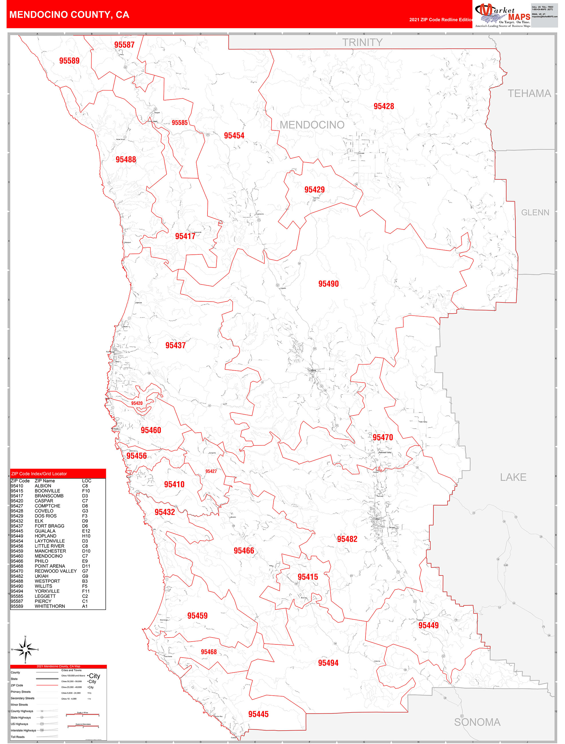 Mendocino County, CA Zip Code Wall Map Red Line Style by MarketMAPS ...