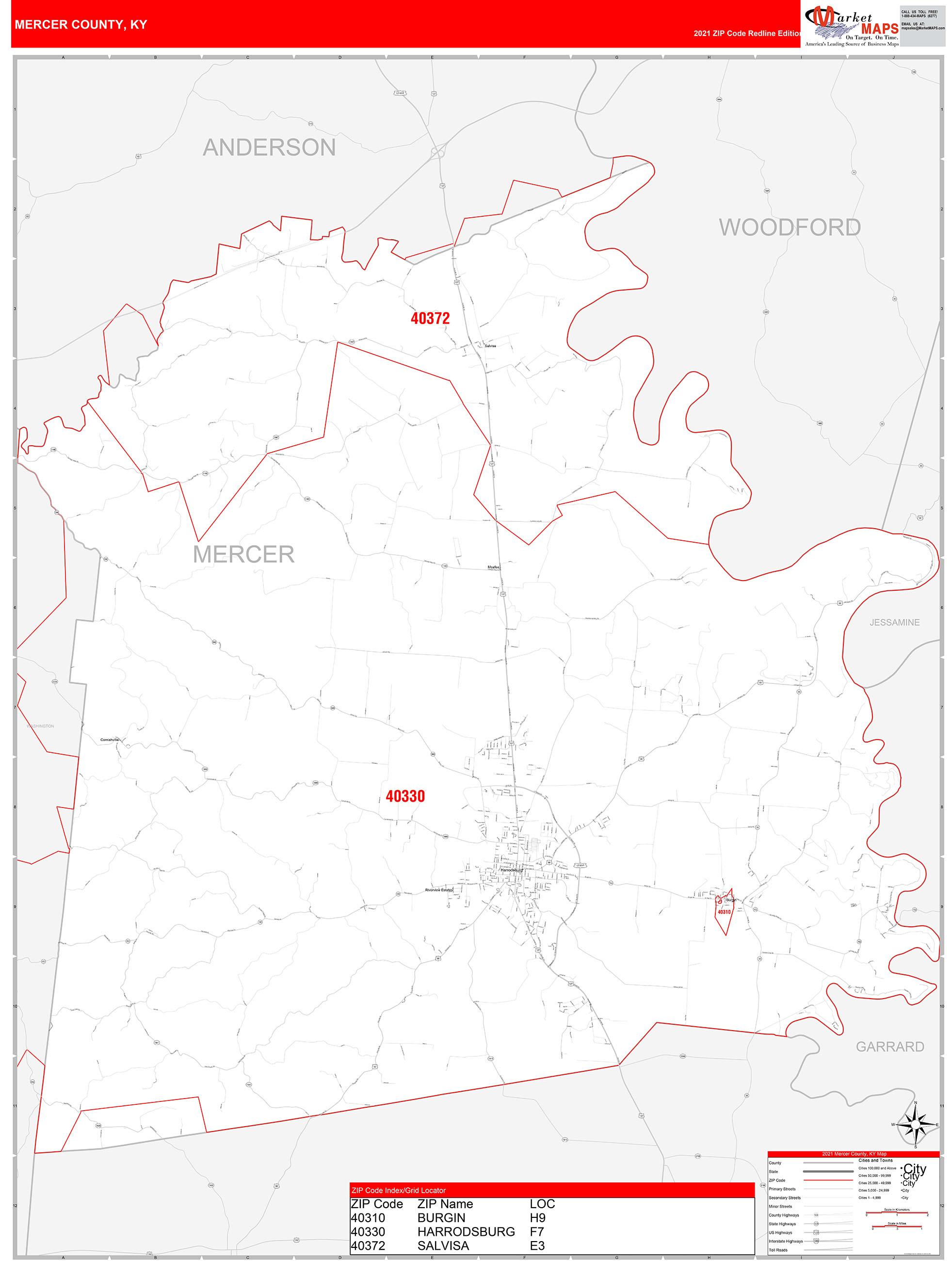 Mercer County Ky Zip Code Wall Map Red Line Style By Marketmaps Mapsales 3655