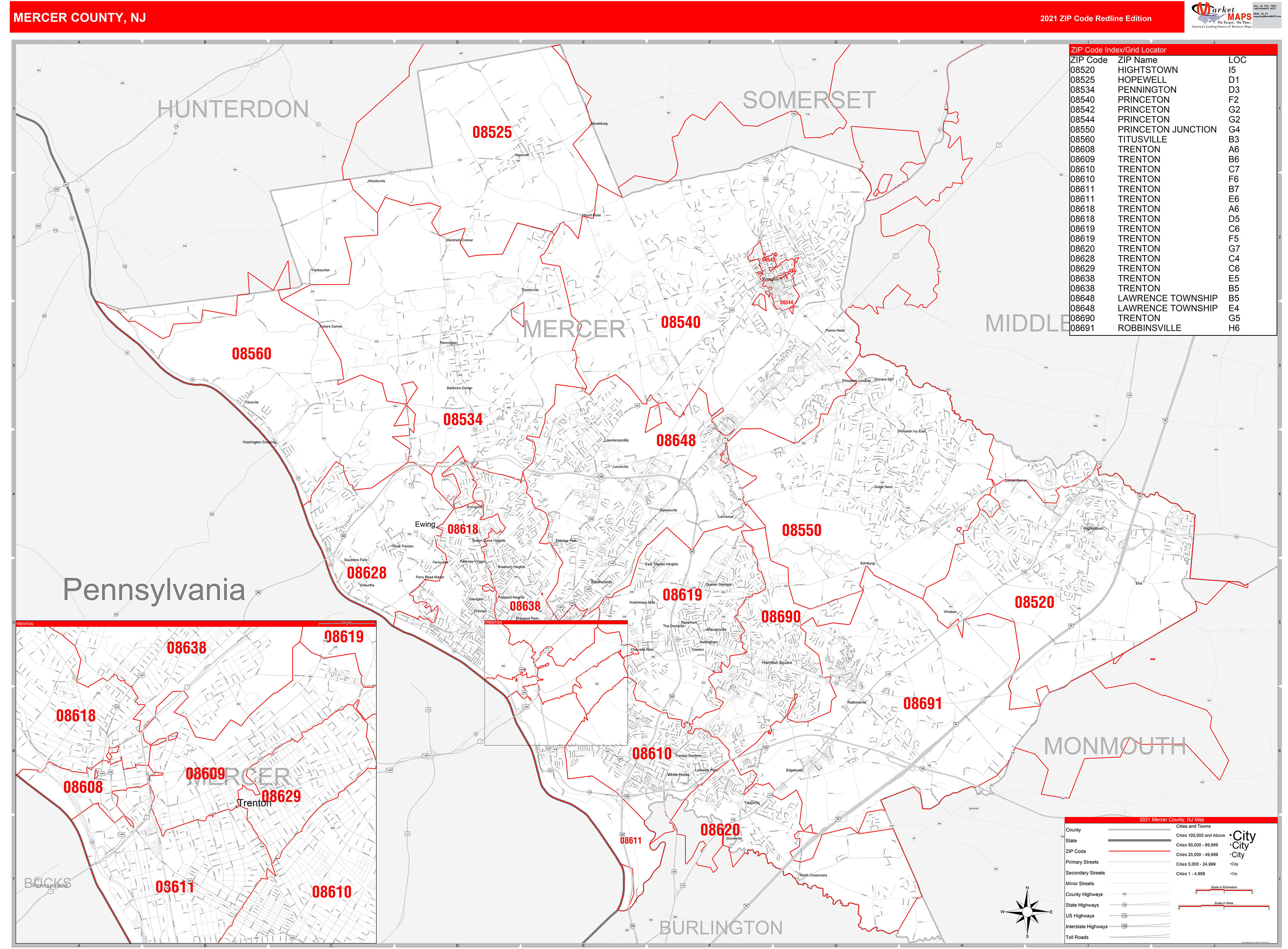 Mercer County, NJ Zip Code Wall Map Red Line Style by MarketMAPS MapSales