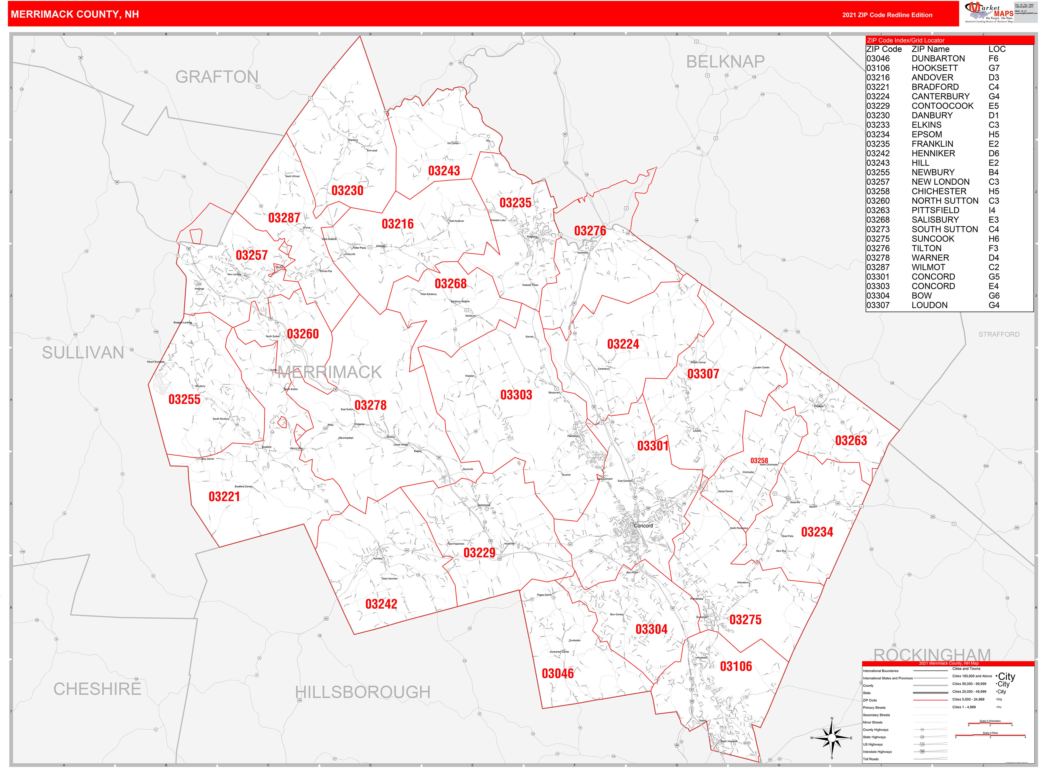 Merrimack County, NH Zip Code Wall Map Red Line Style by MarketMAPS ...