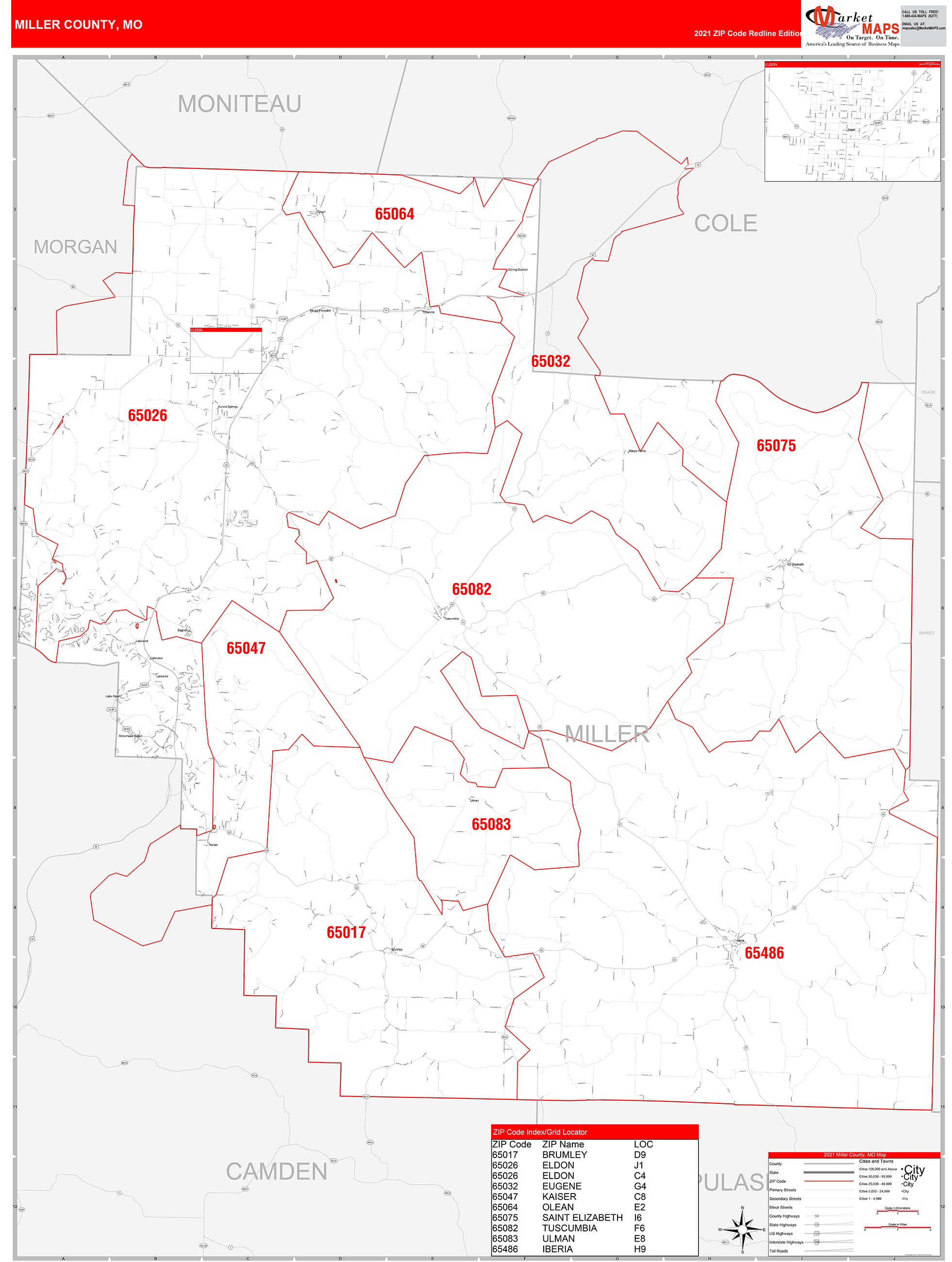 Miller County, Mo Zip Code Wall Map Red Line Style By Marketmaps