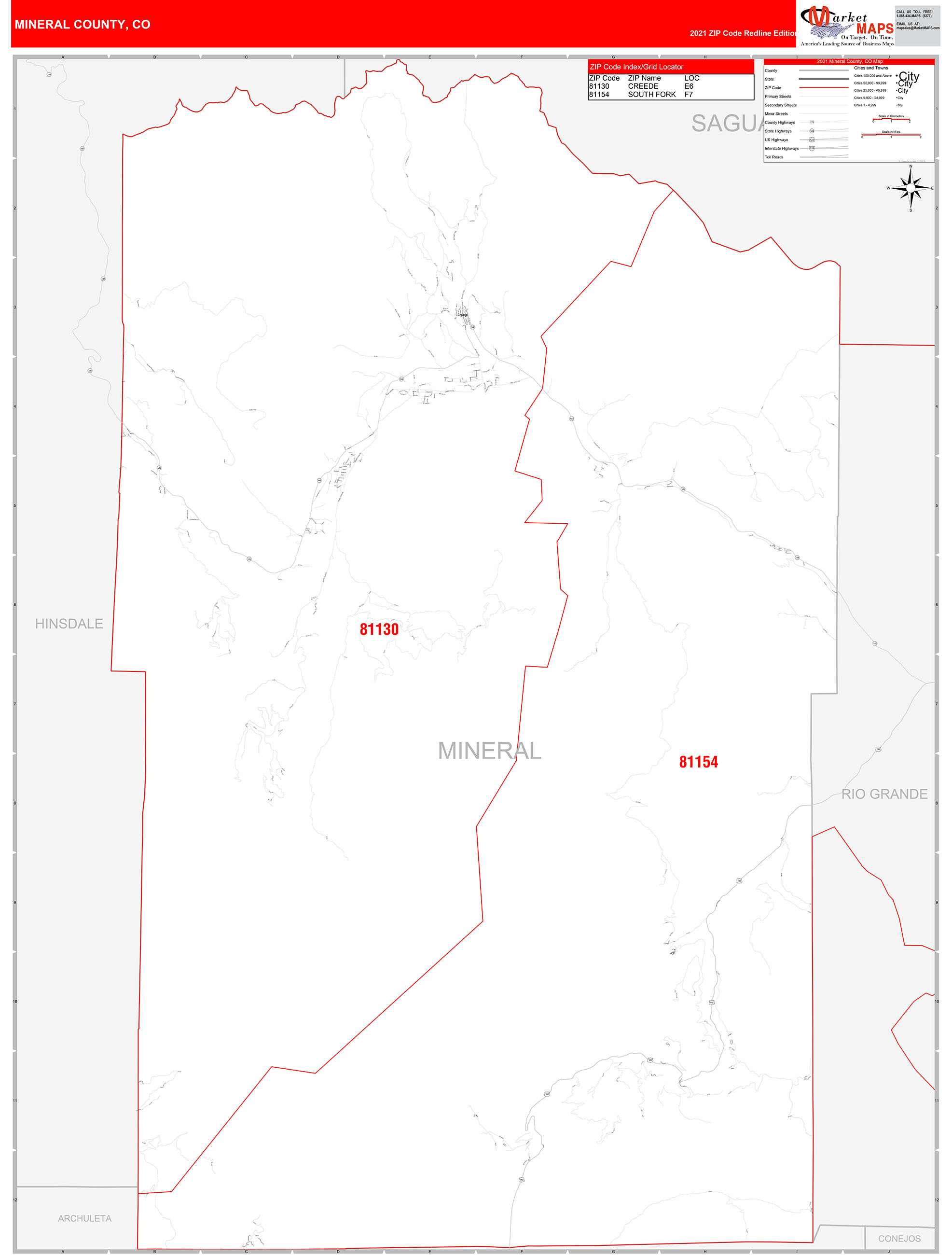 Mineral County, CO Zip Code Wall Map Red Line Style by MarketMAPS