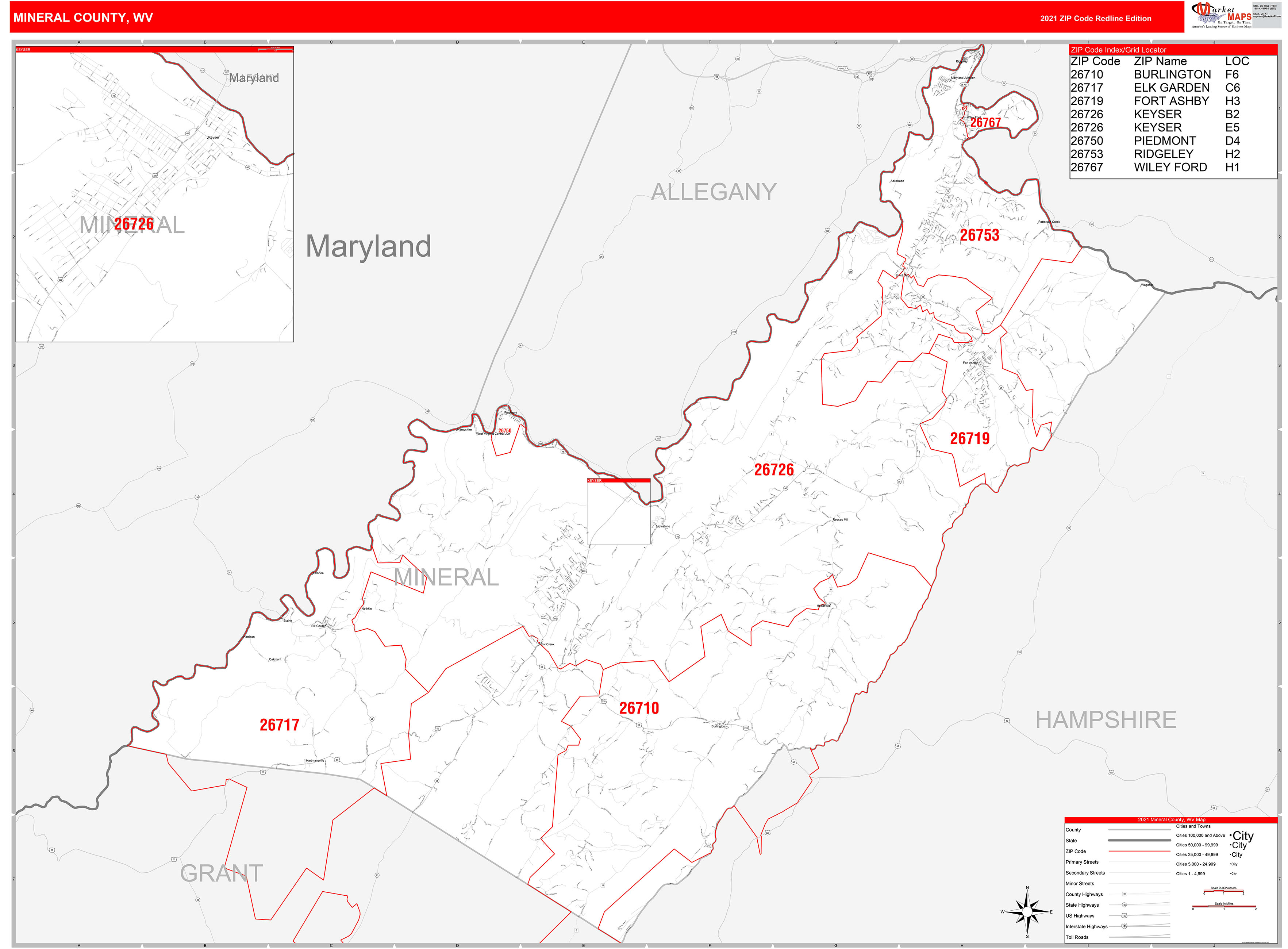 Mineral County, WV Zip Code Wall Map Red Line Style by MarketMAPS