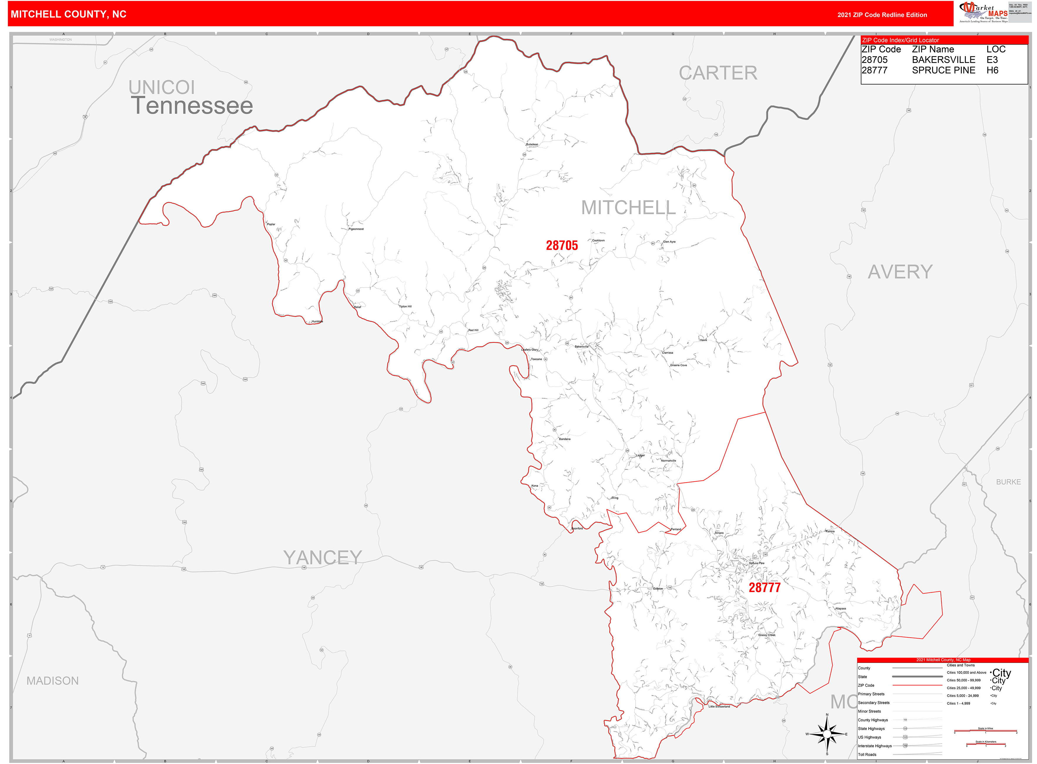 Mitchell County, NC Zip Code Wall Map Red Line Style by MarketMAPS