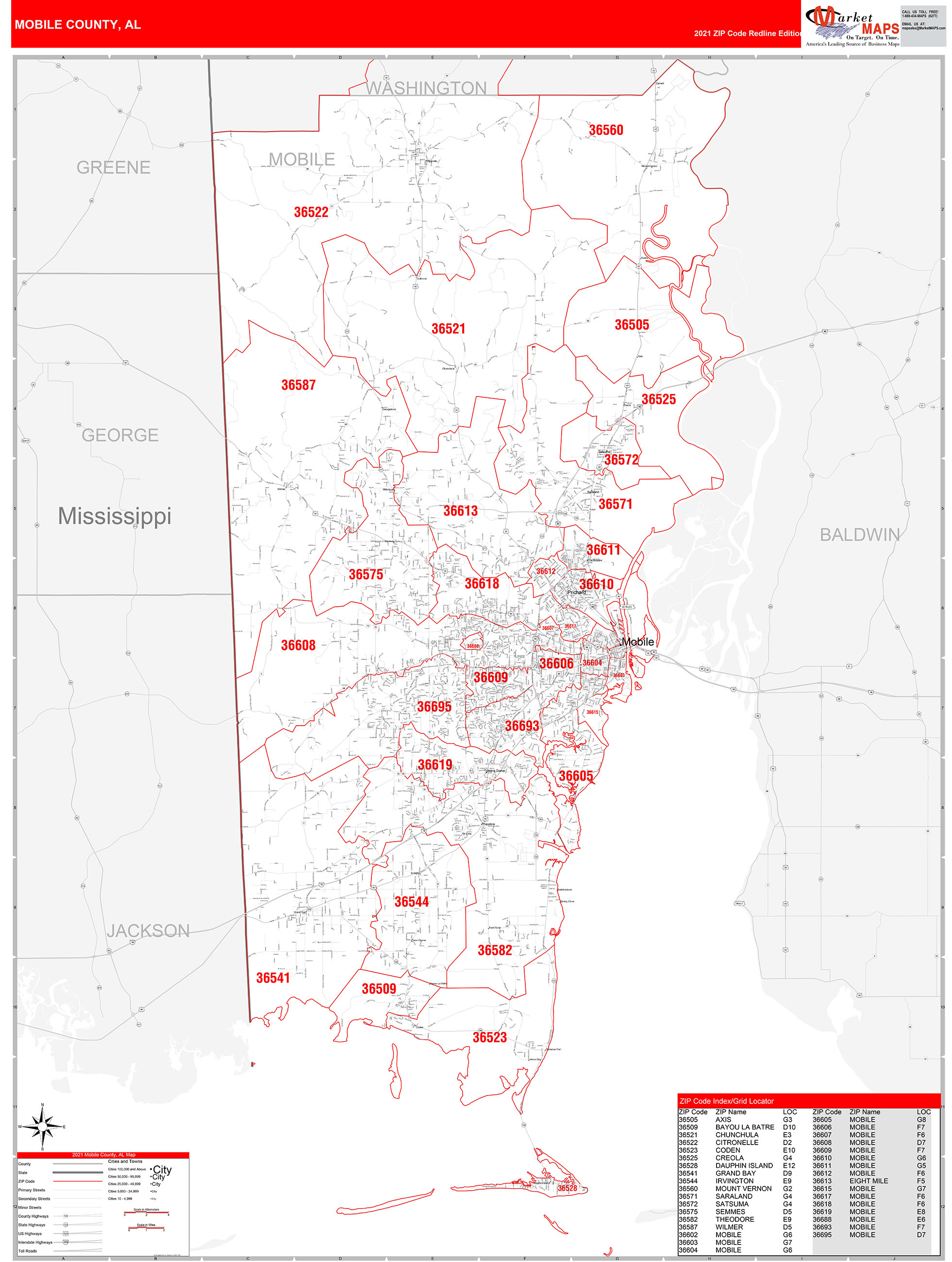 Mobile County Al Zip Code Wall Map Red Line Style By Marketmaps Mapsales 1531