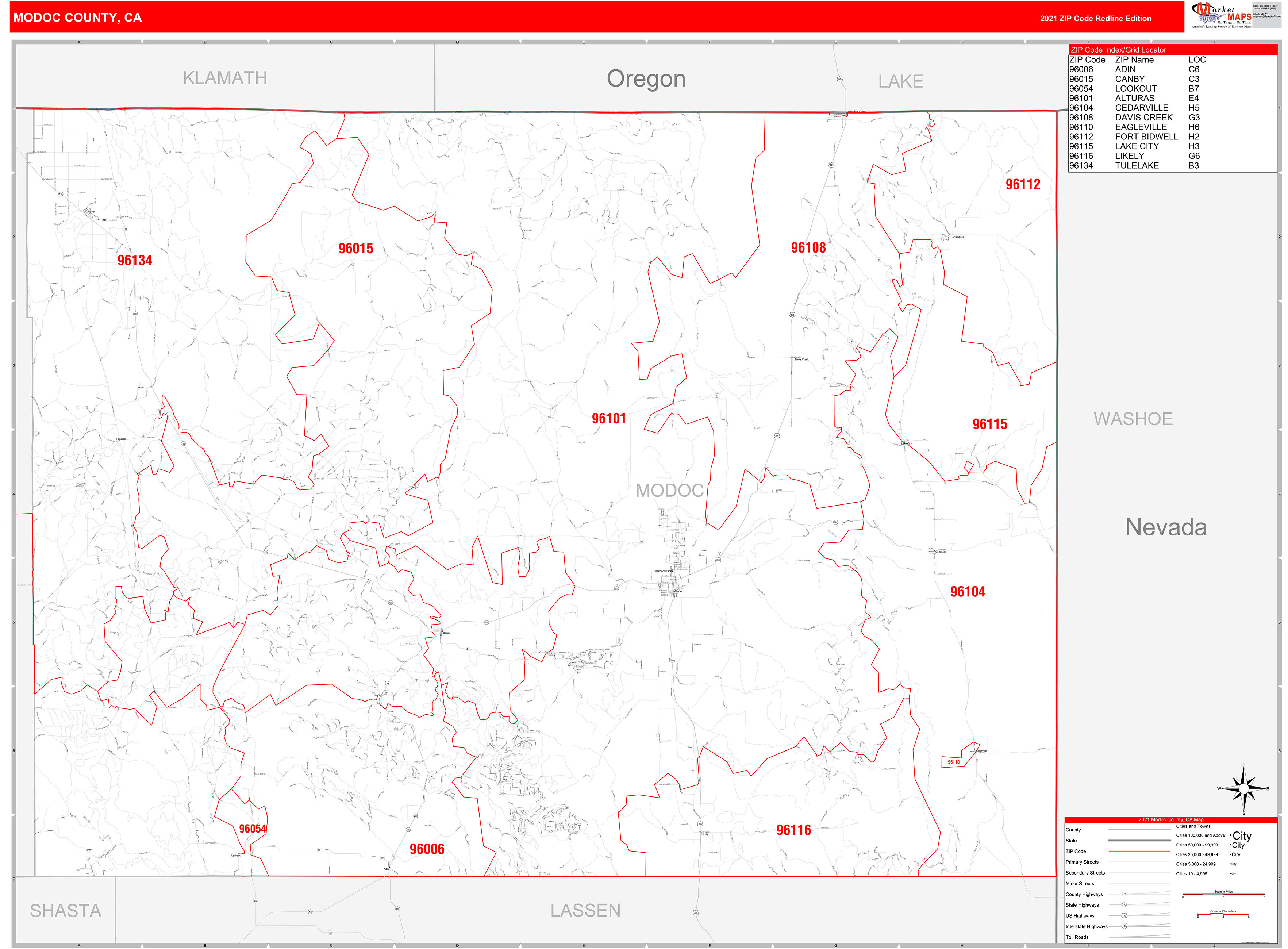 Modoc County, CA Zip Code Wall Map Red Line Style by MarketMAPS