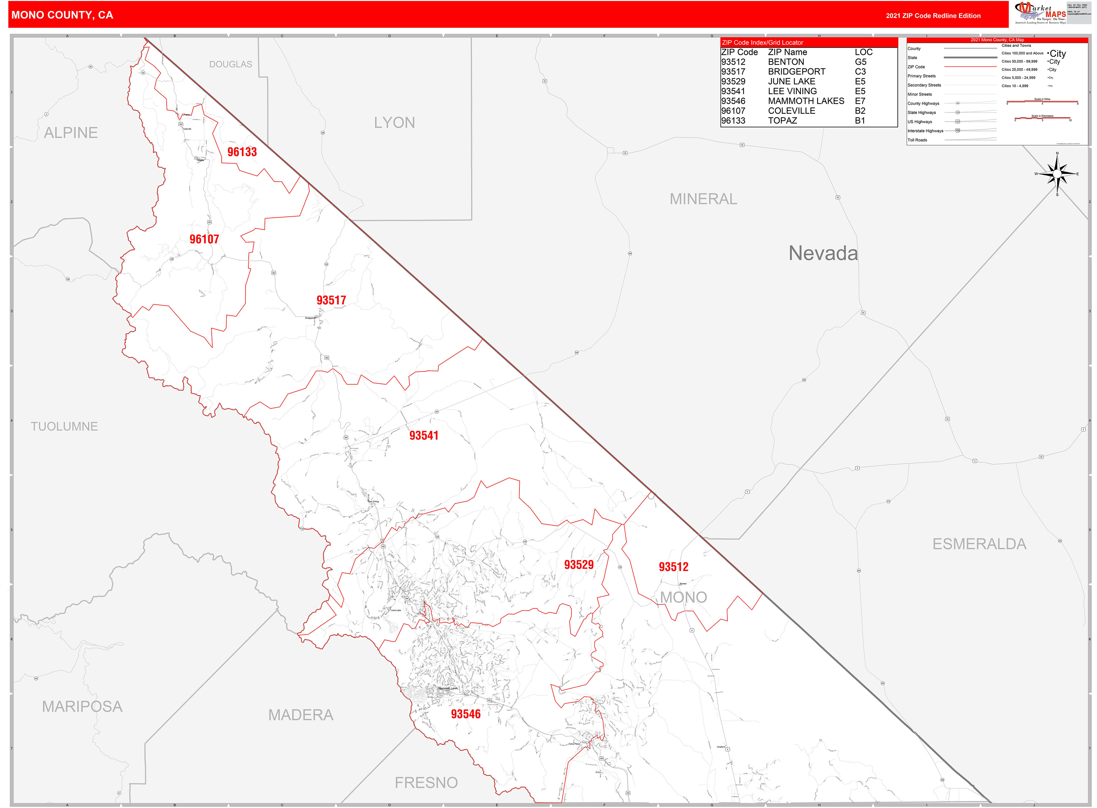 Mono County, CA Zip Code Wall Map Red Line Style by MarketMAPS MapSales