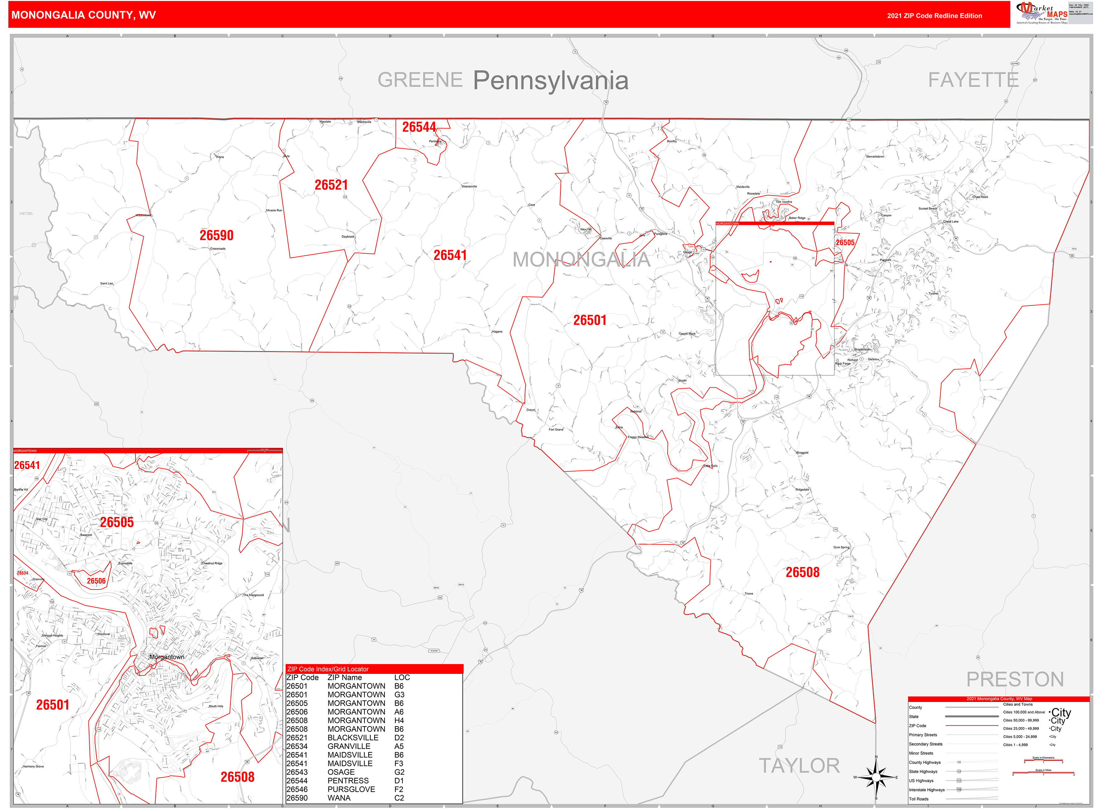 Monongalia County Wv Zip Code Wall Map Red Line Style By Marketmaps Mapsales 8479