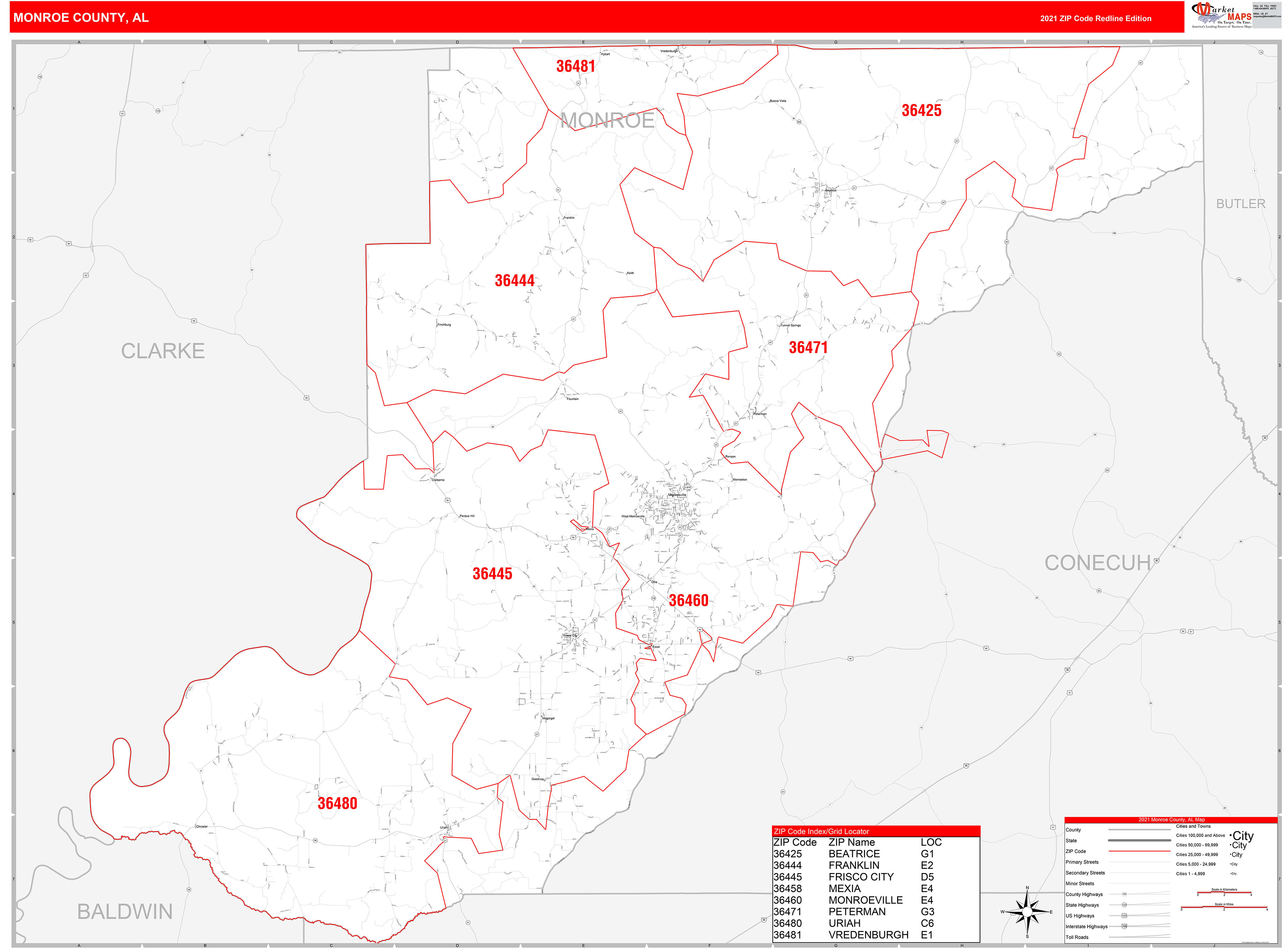 Monroe County, AL Zip Code Wall Map Red Line Style by MarketMAPS - MapSales