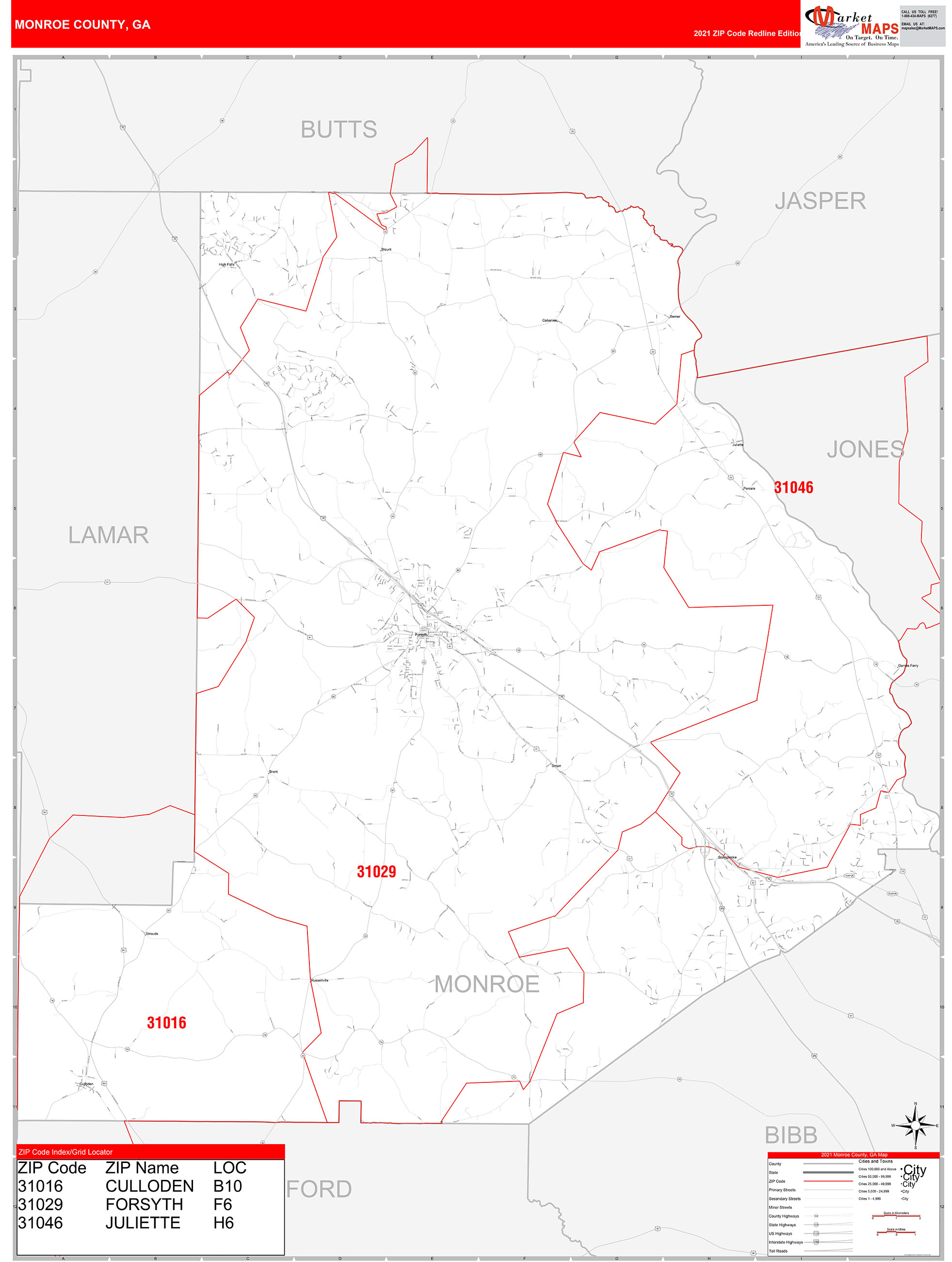 Monroe County Ga Zip Code Wall Map Red Line Style By Marketmaps 7903