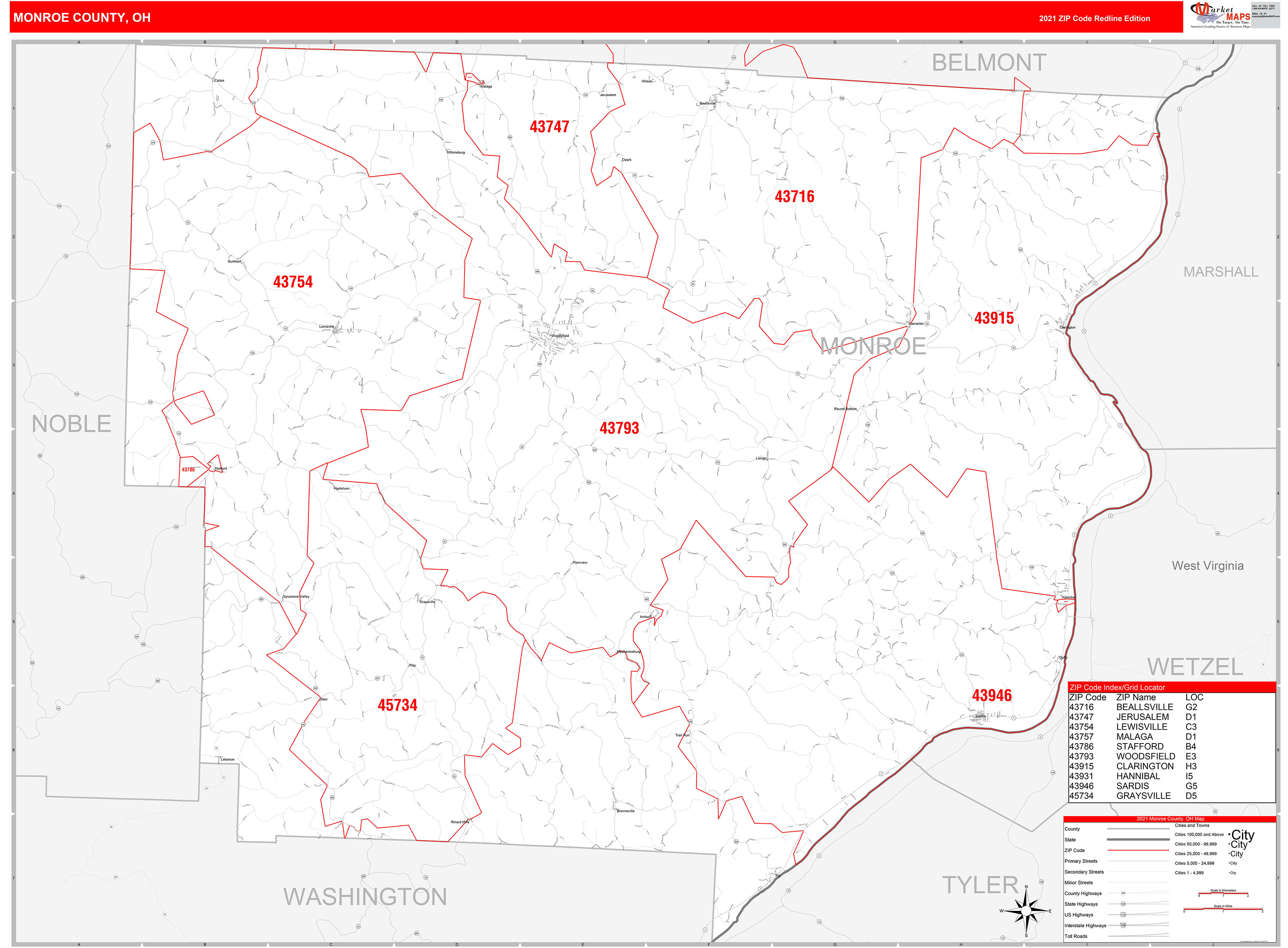 Monroe County, Oh Zip Code Wall Map Red Line Style By Marketmaps 