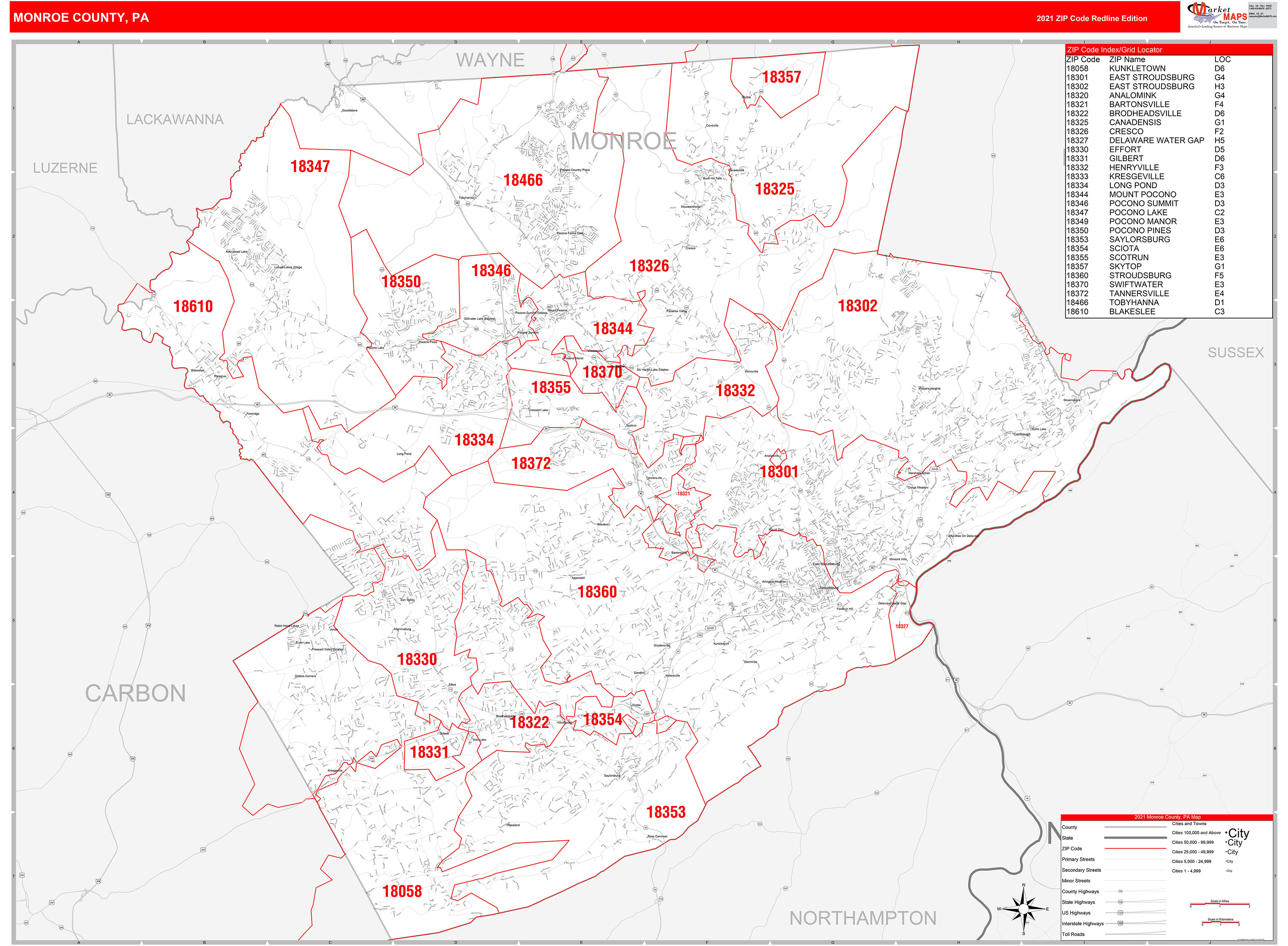 Monroe County Pa Zip Code Wall Map Red Line Style By Marketmaps 0542