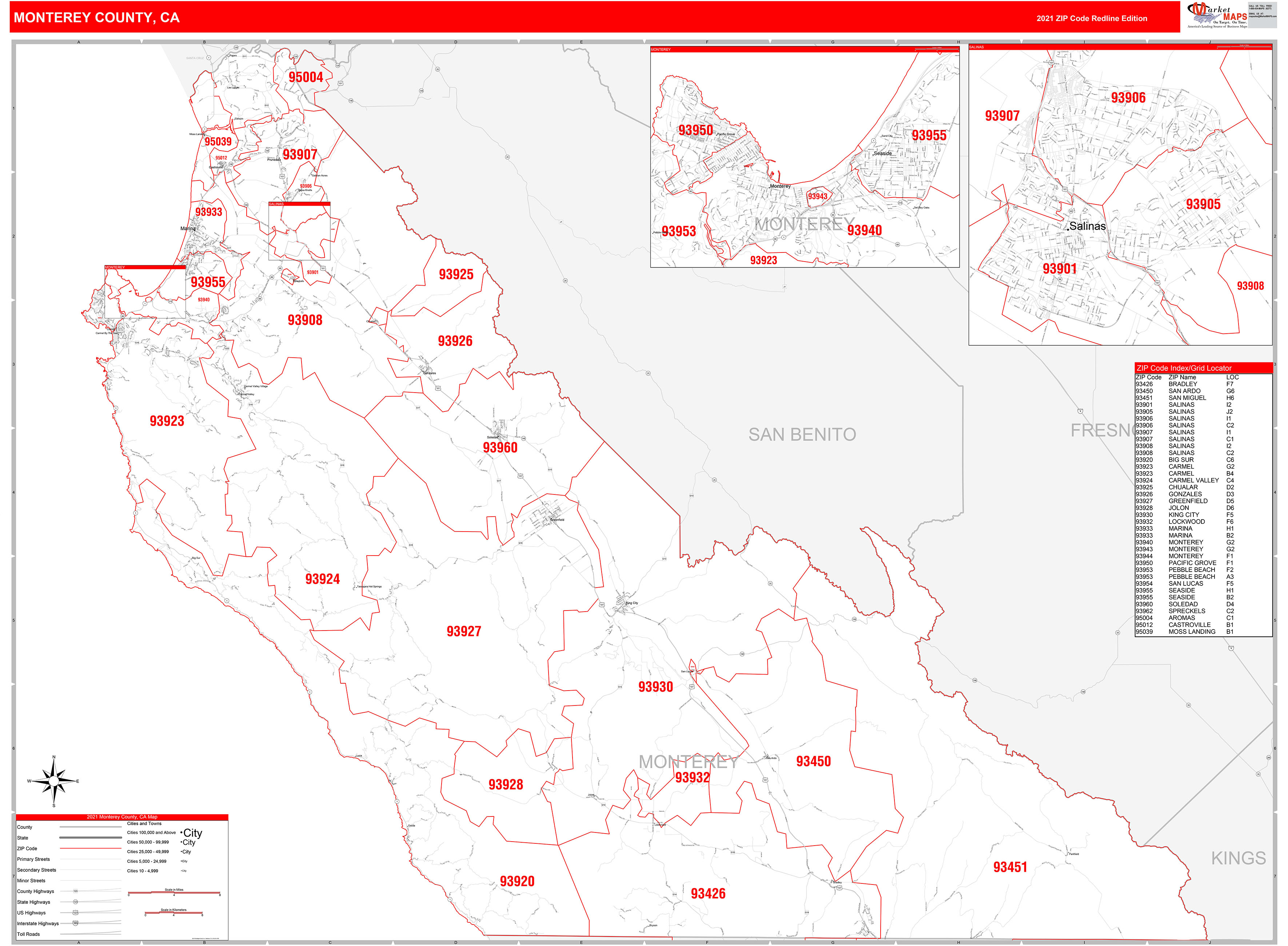 Monterey County, CA Zip Code Wall Map Red Line Style by MarketMAPS
