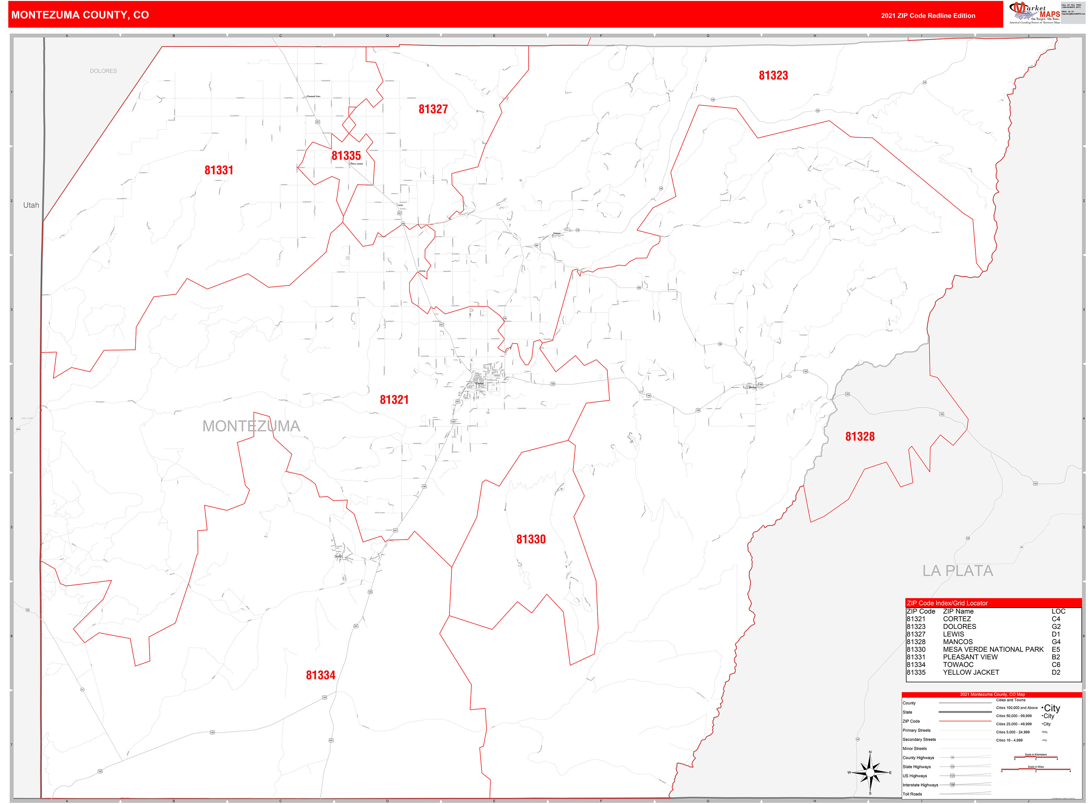 Montezuma County, CO Zip Code Wall Map Red Line Style by MarketMAPS