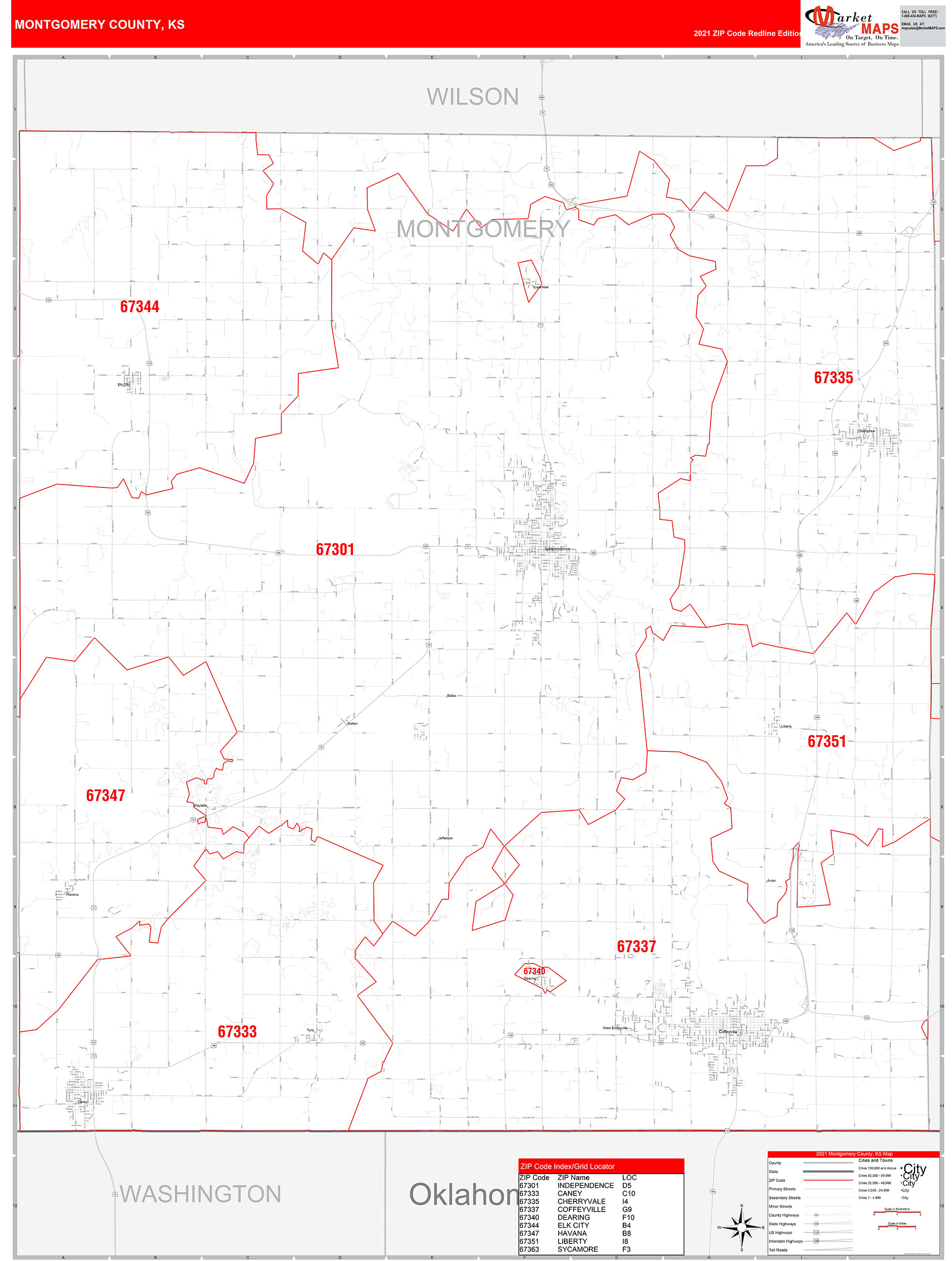 Montgomery County, Ks Zip Code Wall Map Red Line Style By Marketmaps