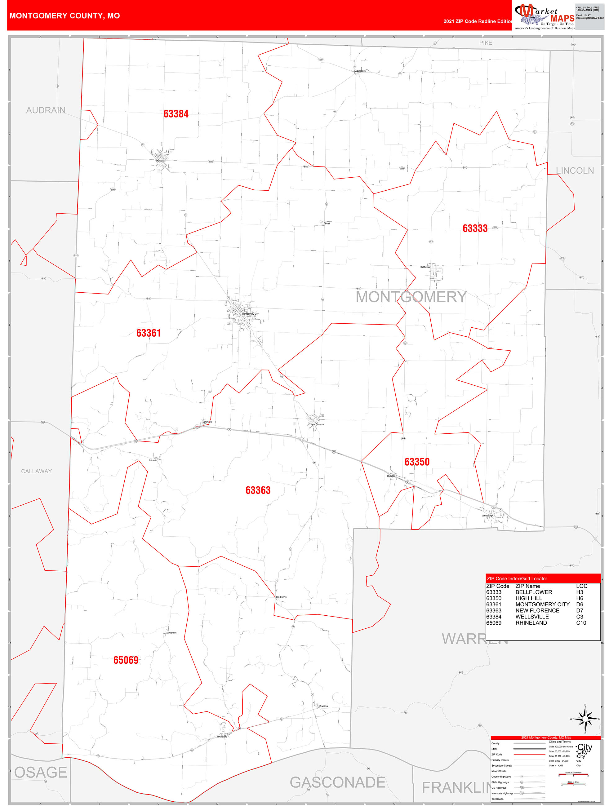 Montgomery County Mo Zip Code Wall Map Red Line Style By Marketmaps