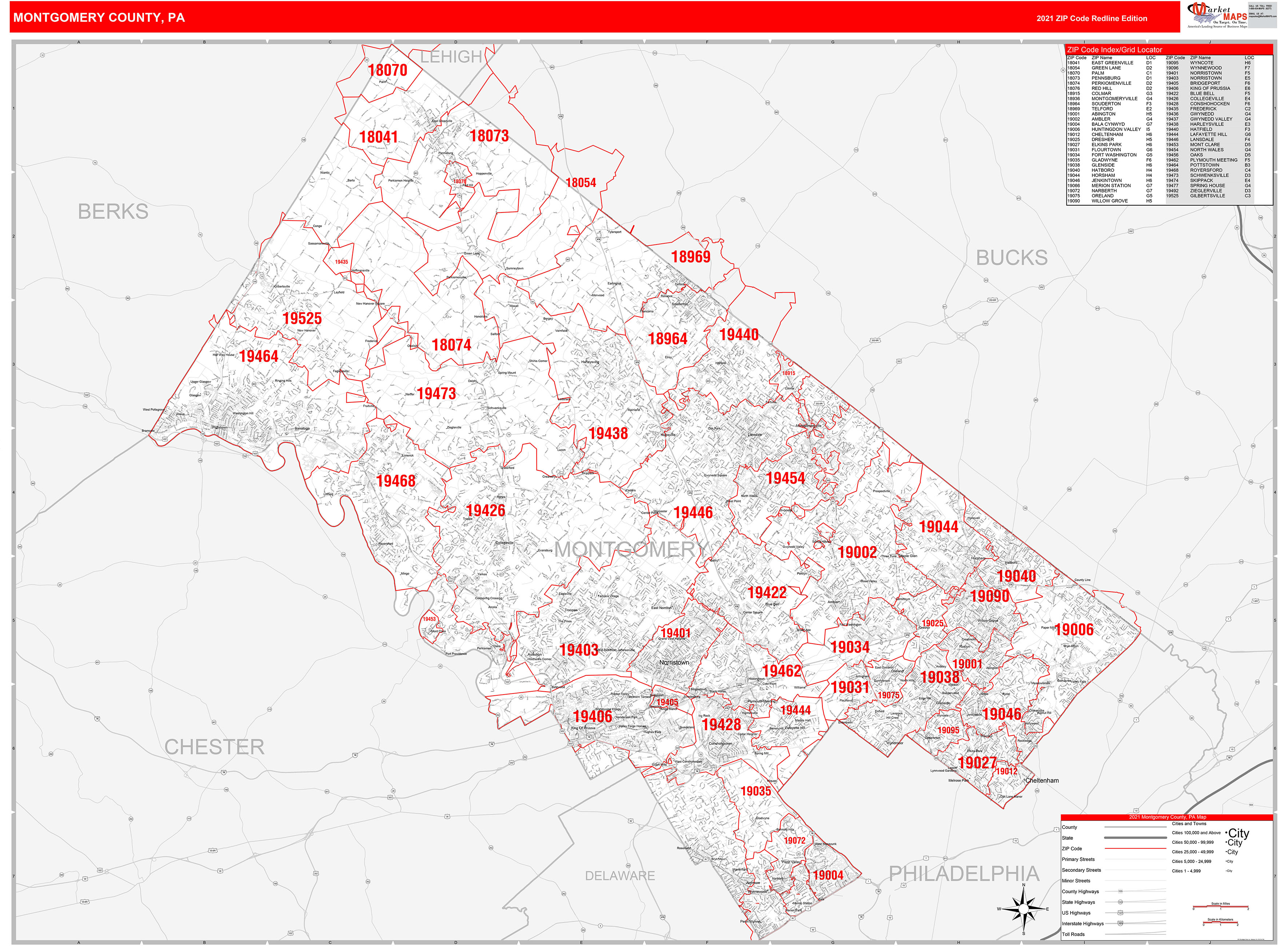Montgomery County, PA Zip Code Wall Map Red Line Style by MarketMAPS