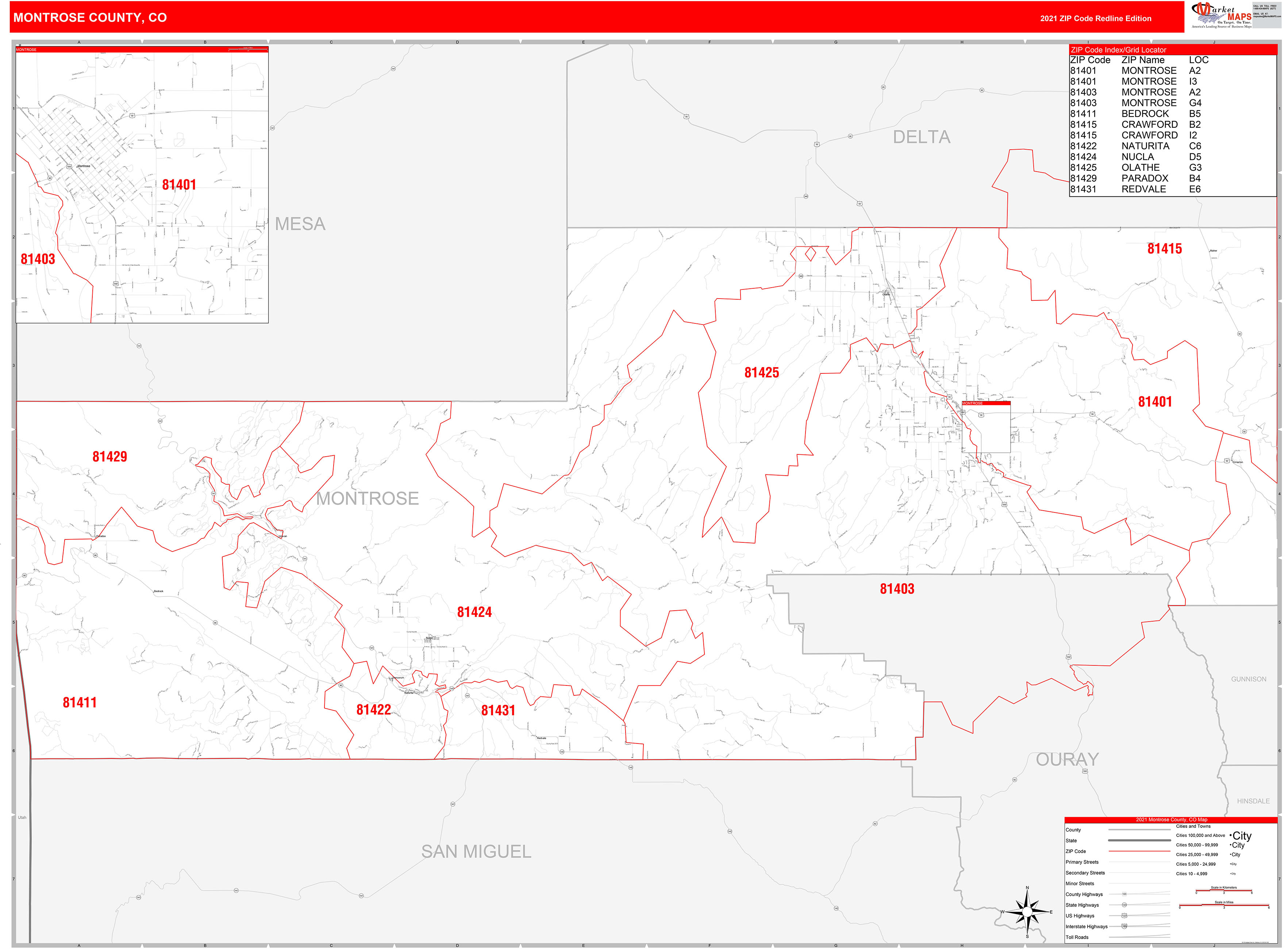 Montrose County, CO Zip Code Wall Map Red Line Style by MarketMAPS