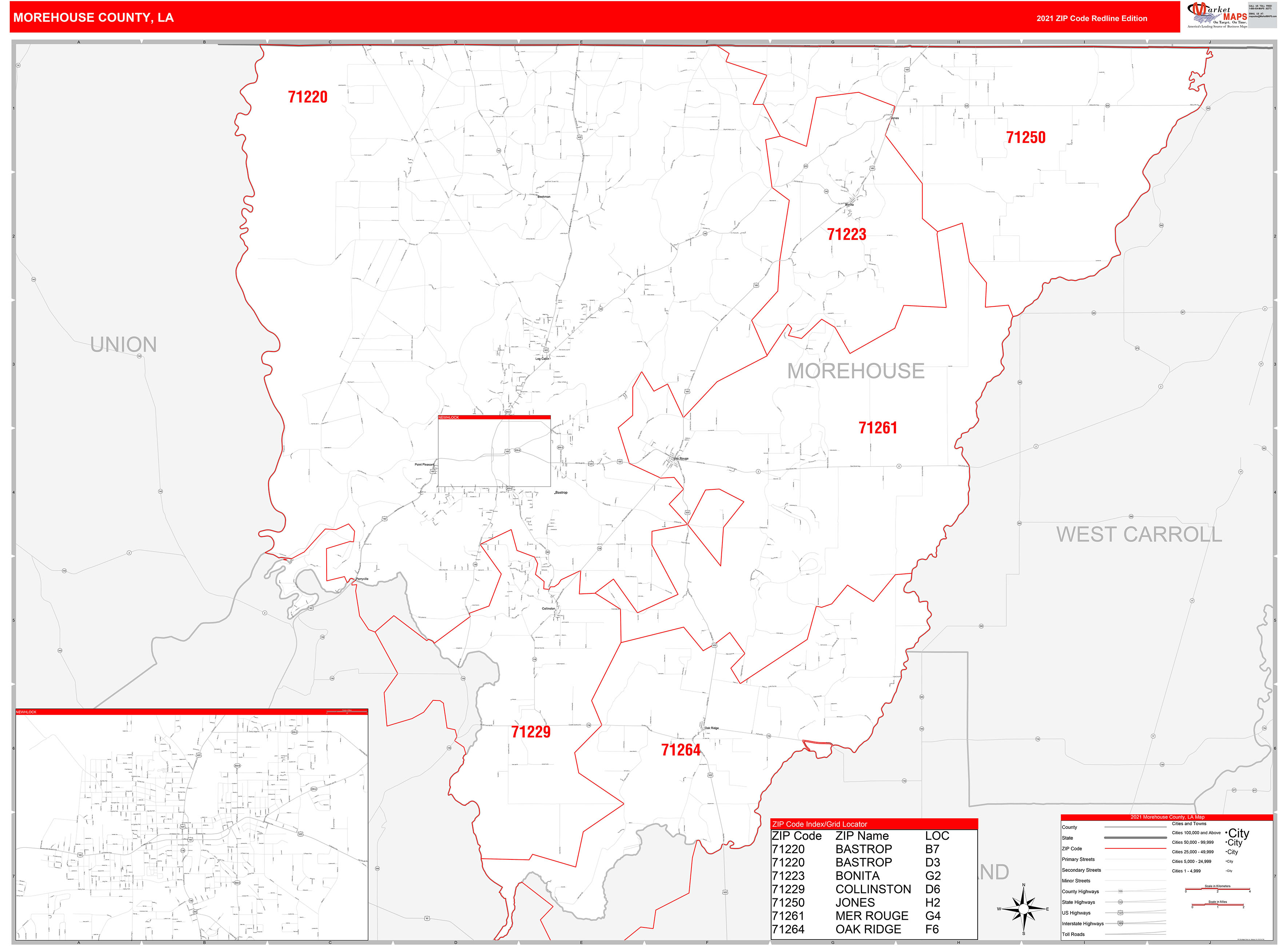 Morehouse County, LA Zip Code Wall Map Red Line Style by MarketMAPS ...