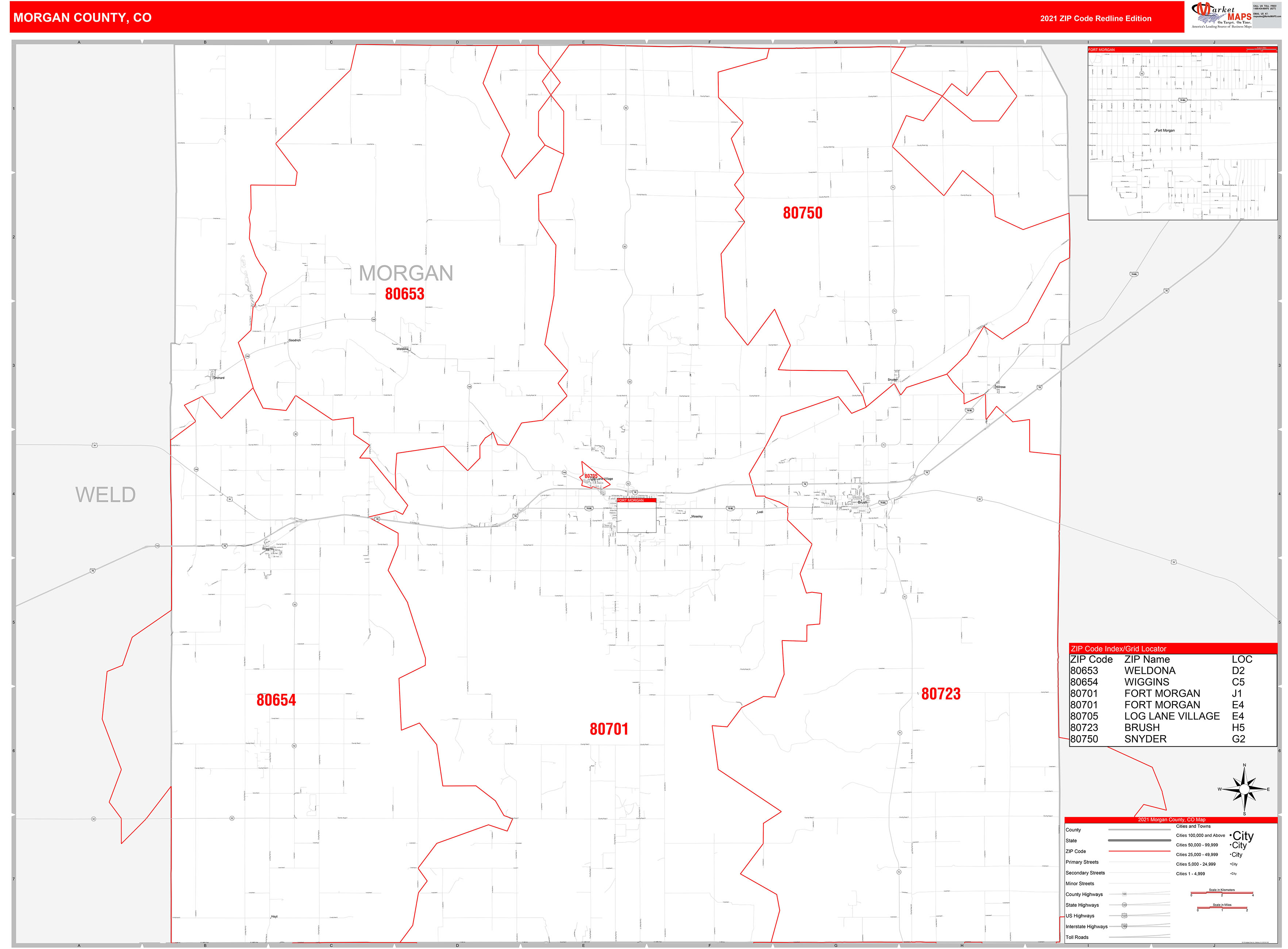 County, CO Zip Code Wall Map Red Line Style by MarketMAPS