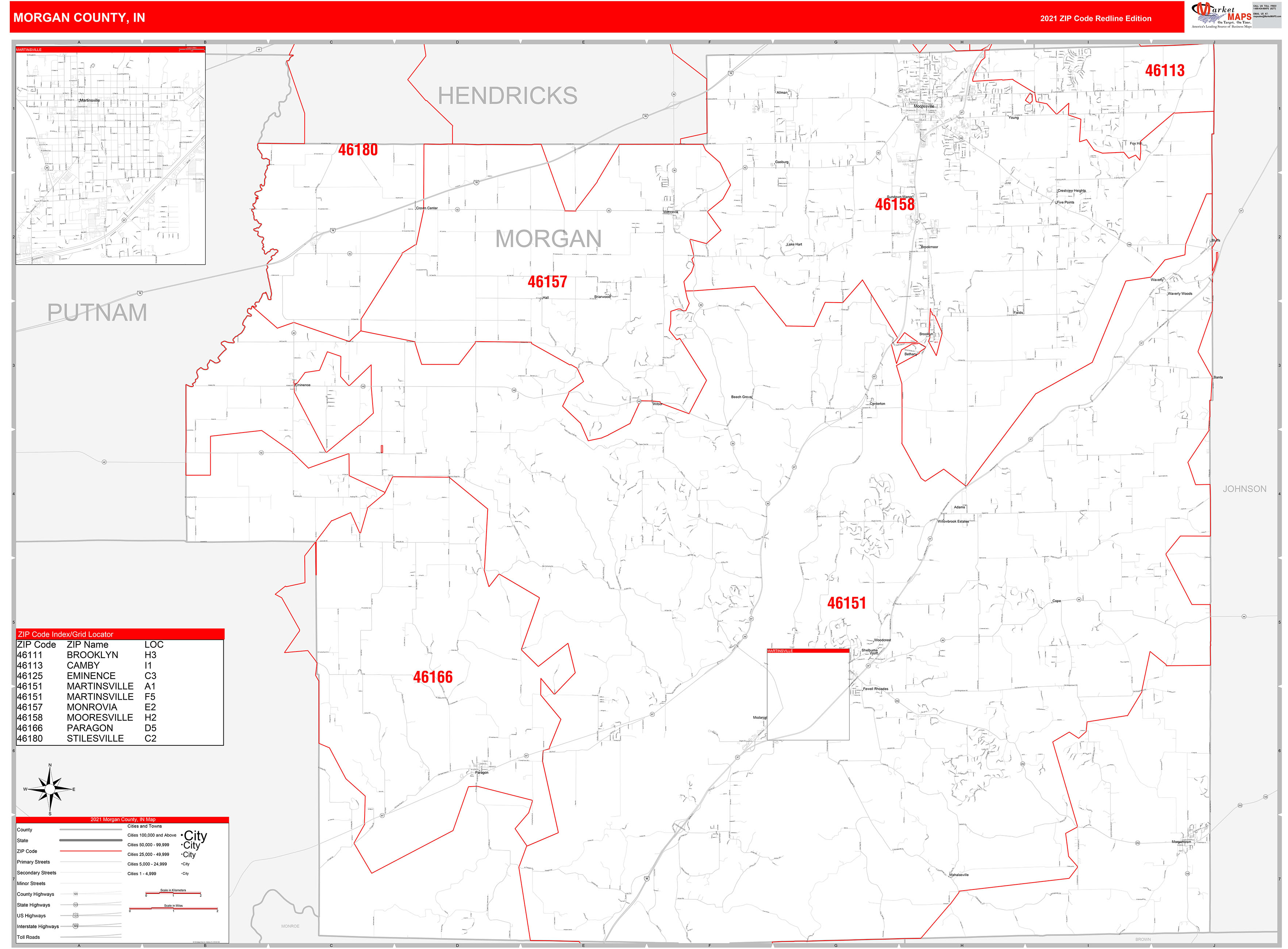 County, IN Zip Code Wall Map Red Line Style by MarketMAPS