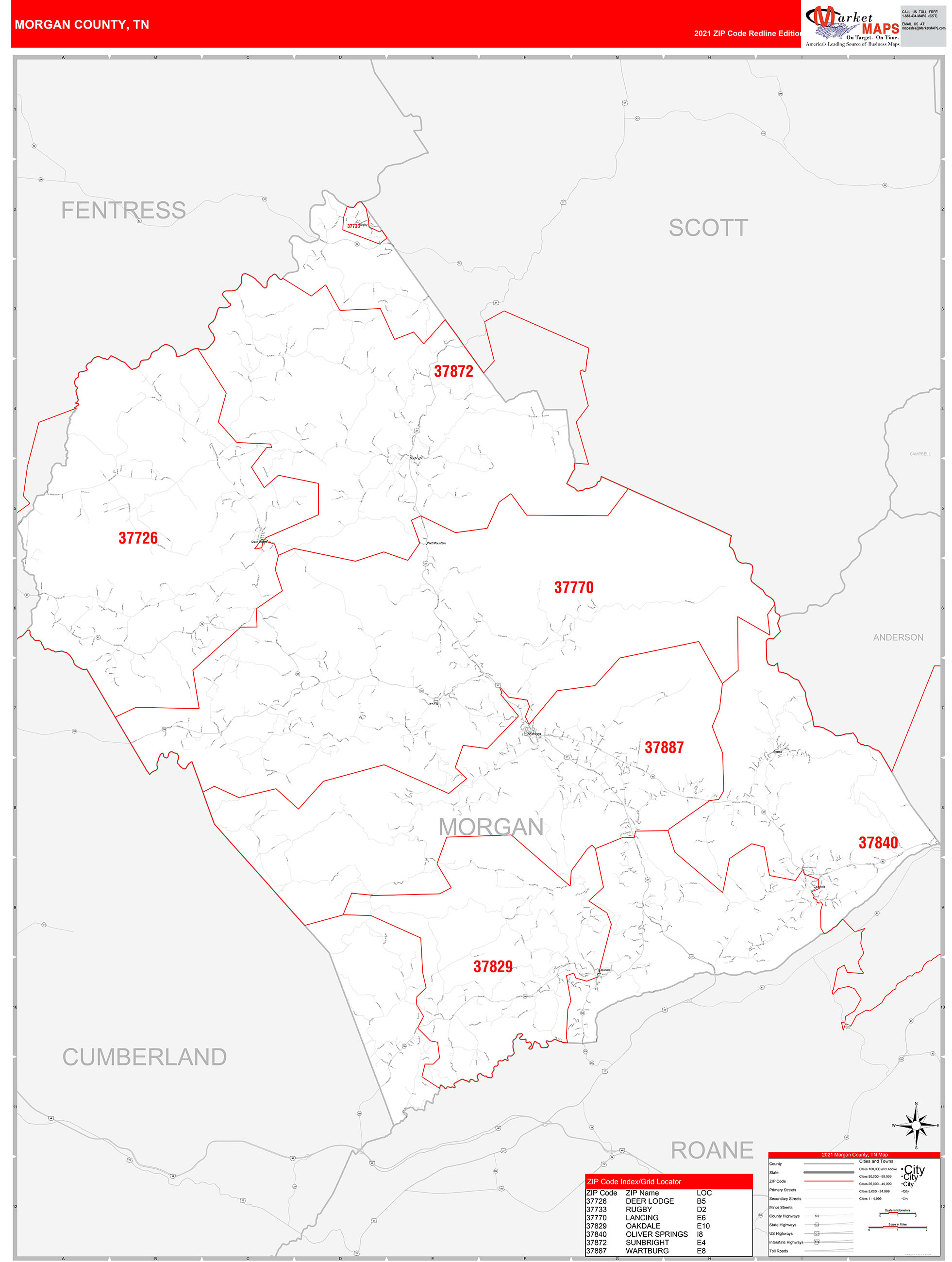 County, TN Zip Code Wall Map Red Line Style by MarketMAPS MapSales