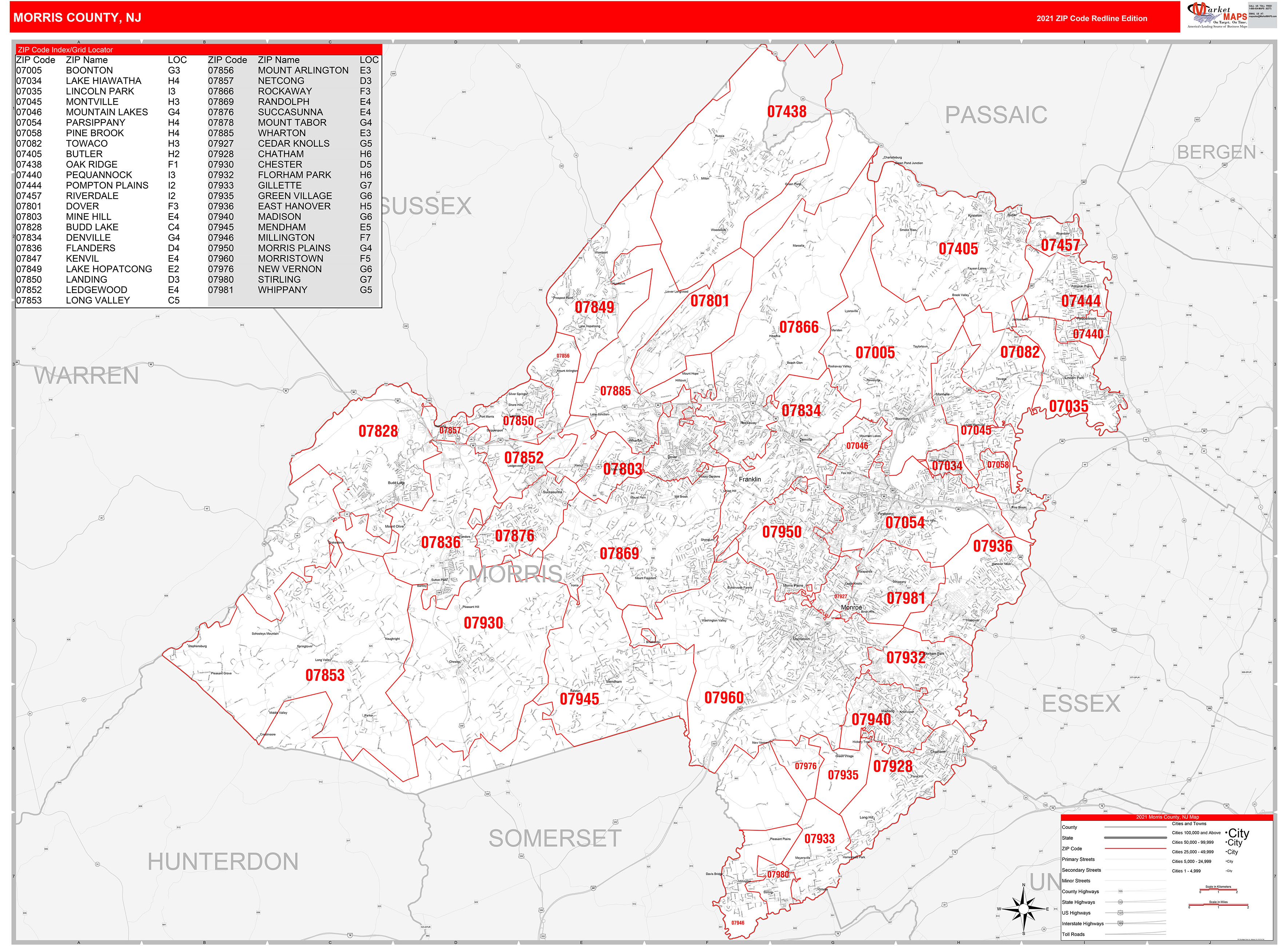 Morris County, NJ Zip Code Wall Map Red Line Style by MarketMAPS MapSales