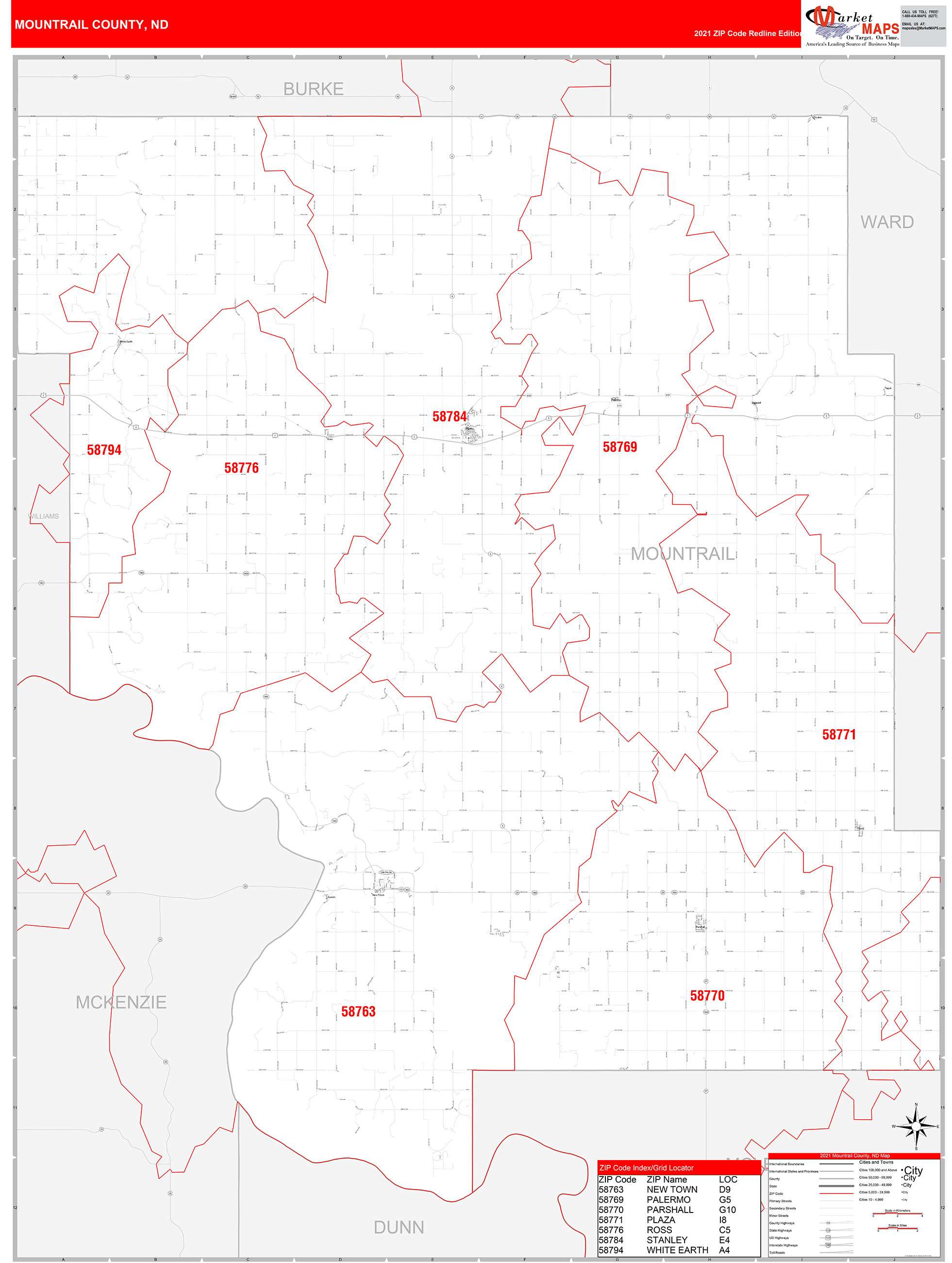 Mountrail County, ND Zip Code Wall Map Red Line Style by MarketMAPS