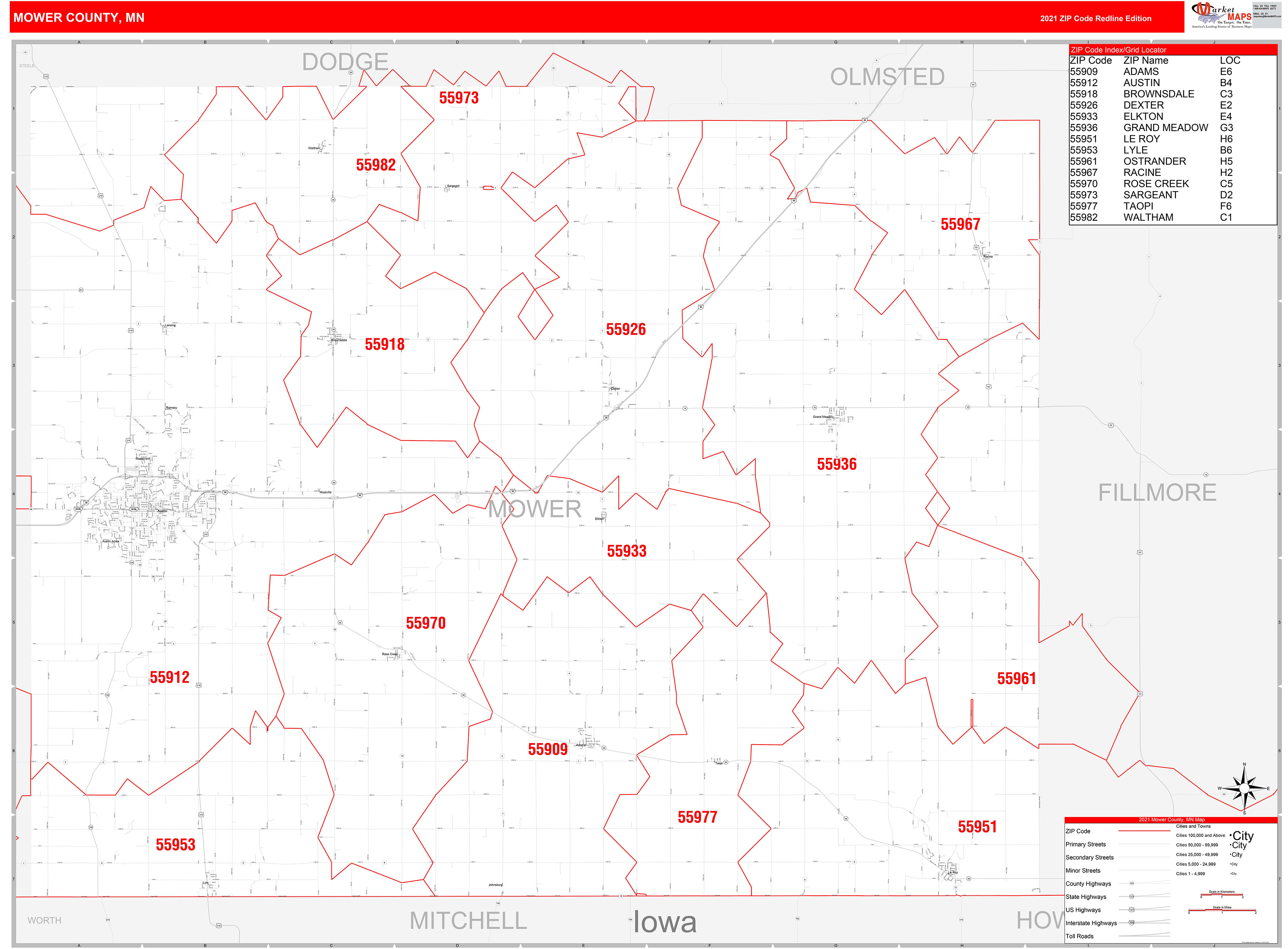 Mower County, MN Zip Code Wall Map Red Line Style by MarketMAPS - MapSales