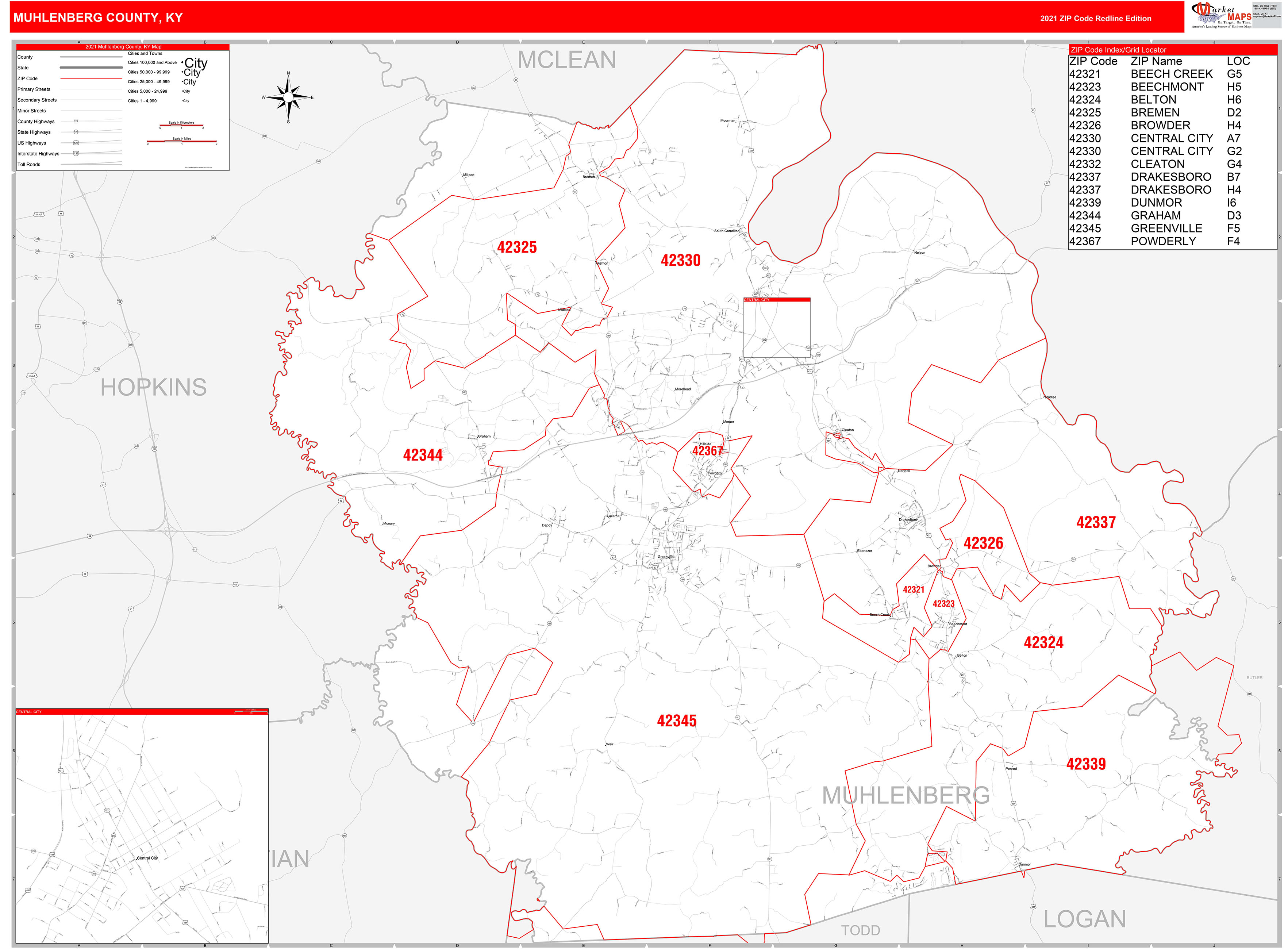 Muhlenberg County, KY Zip Code Wall Map Red Line Style by MarketMAPS ...