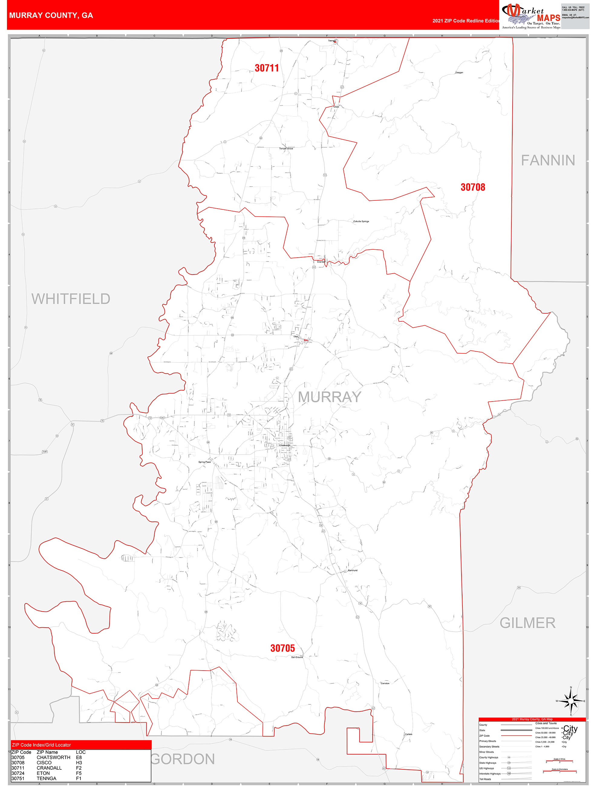 Murray County, GA Zip Code Wall Map Red Line Style by MarketMAPS MapSales