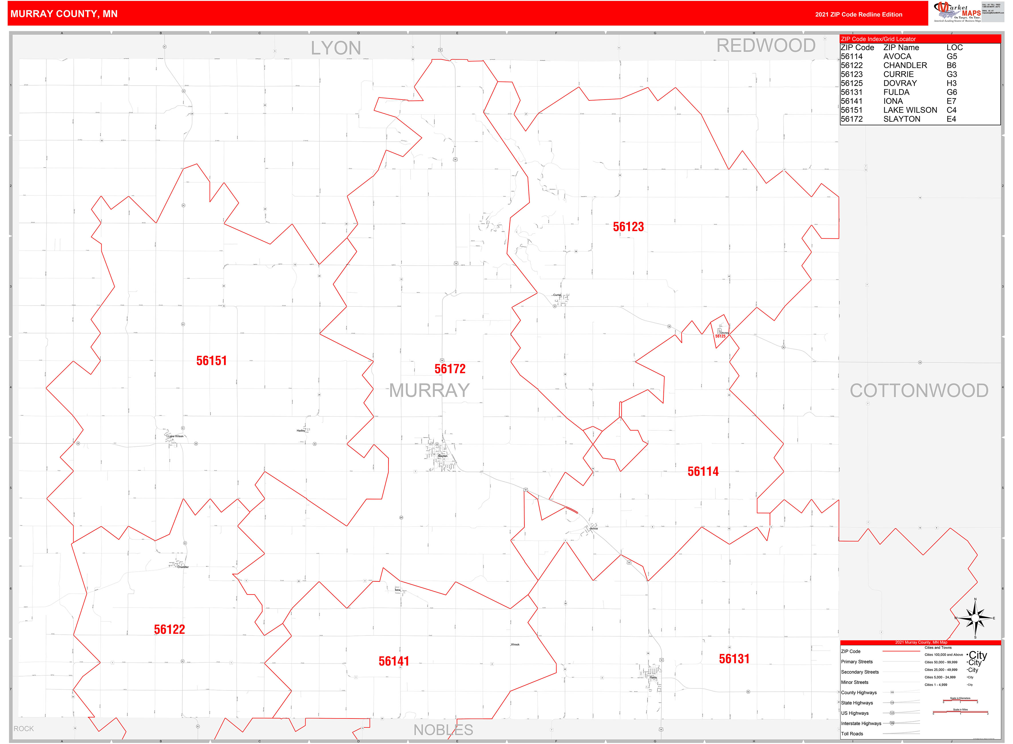 Murray County, MN Zip Code Wall Map Red Line Style by MarketMAPS