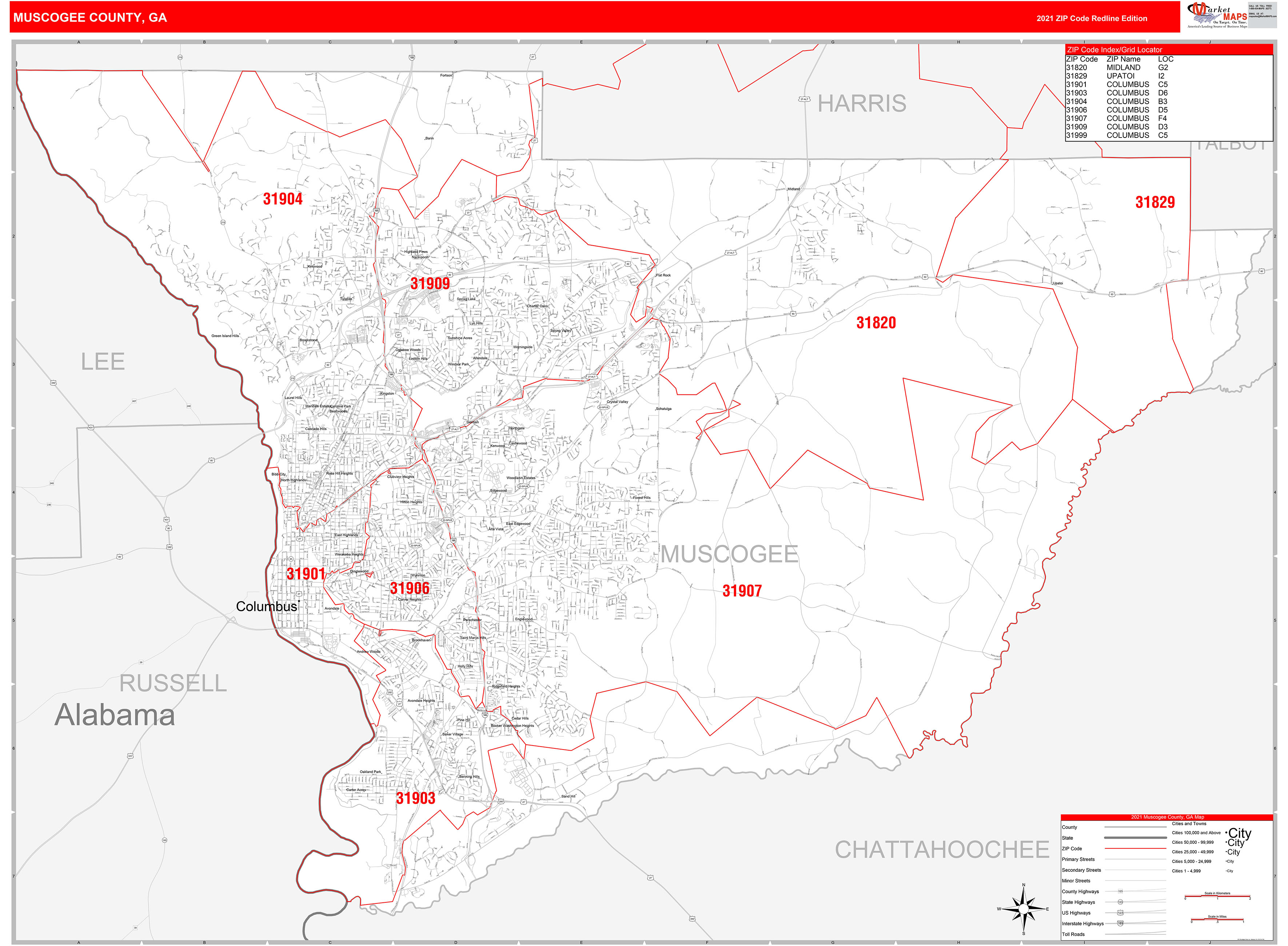 Muscogee County, GA Zip Code Wall Map Red Line Style by MarketMAPS ...