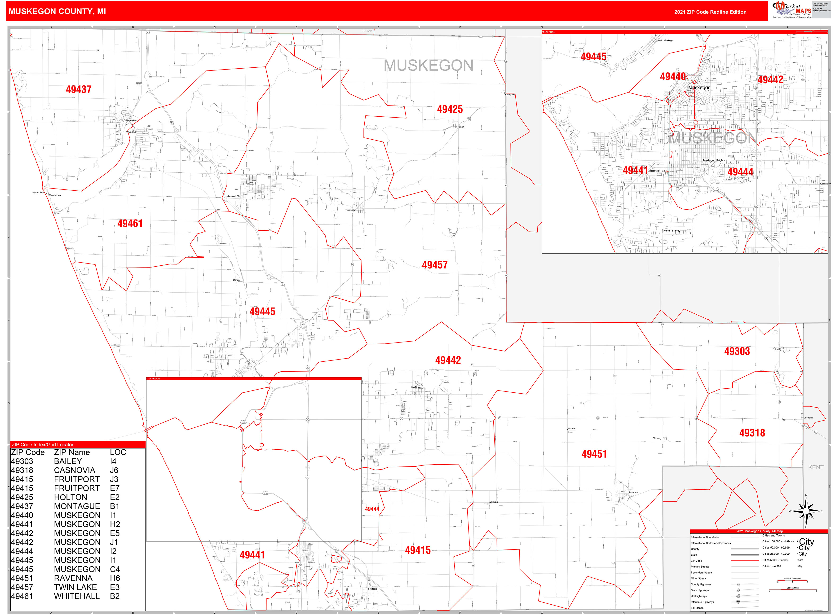 Muskegon County Mi Zip Code Wall Map Red Line Style By Marketmaps 5761