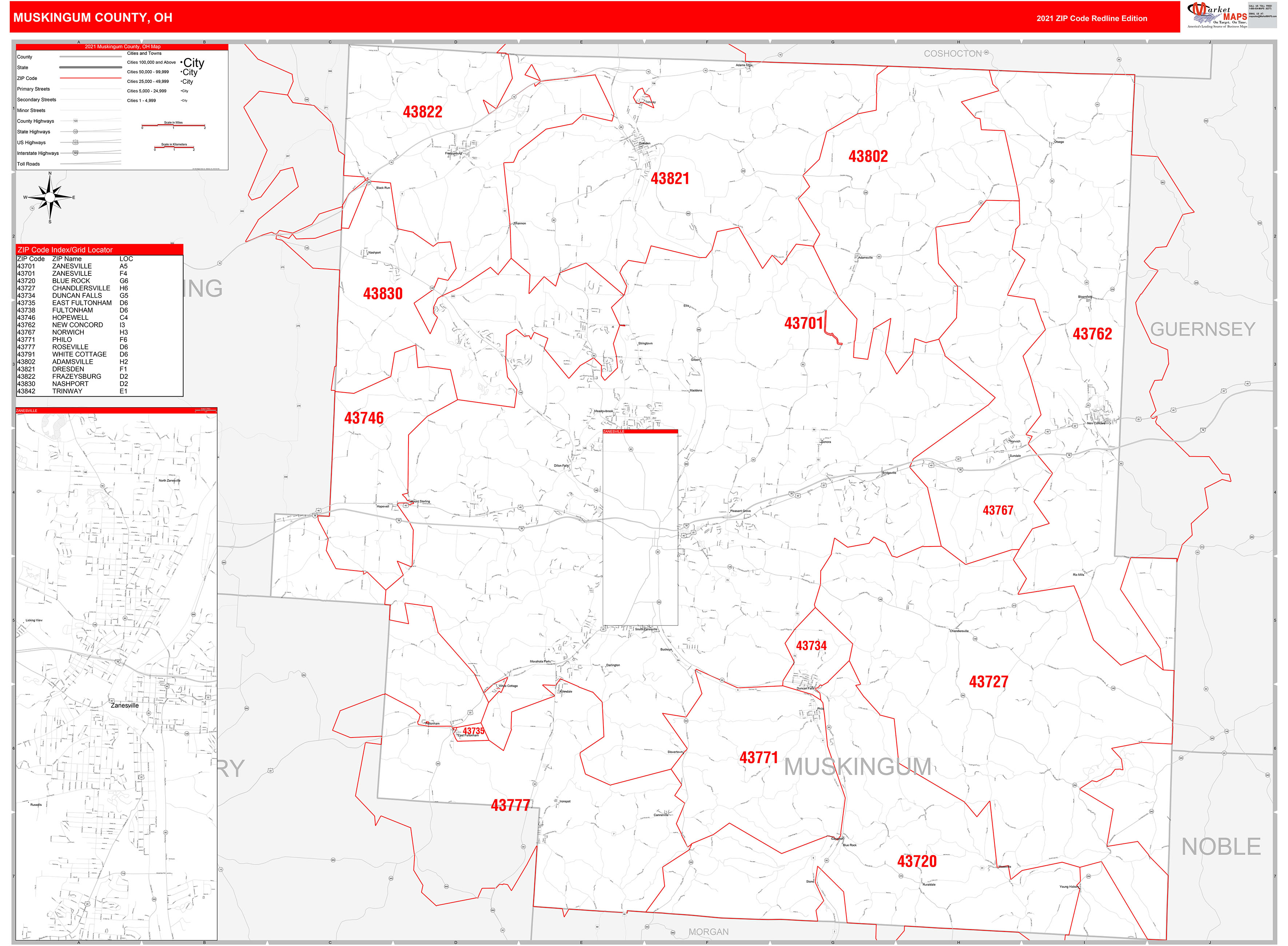 Muskingum County, OH Zip Code Wall Map Red Line Style by MarketMAPS