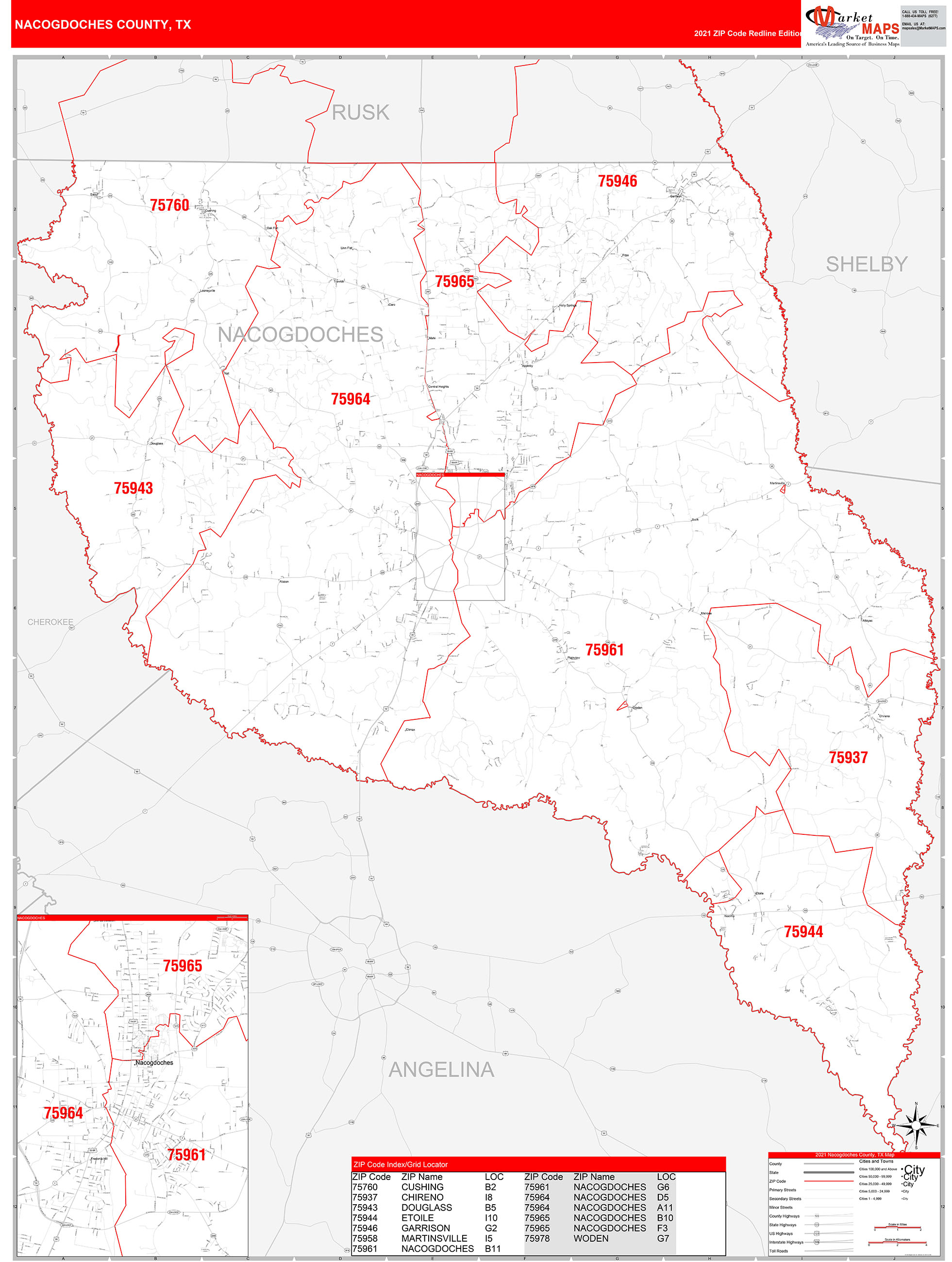 Nacogdoches County, TX Zip Code Wall Map Red Line Style by MarketMAPS