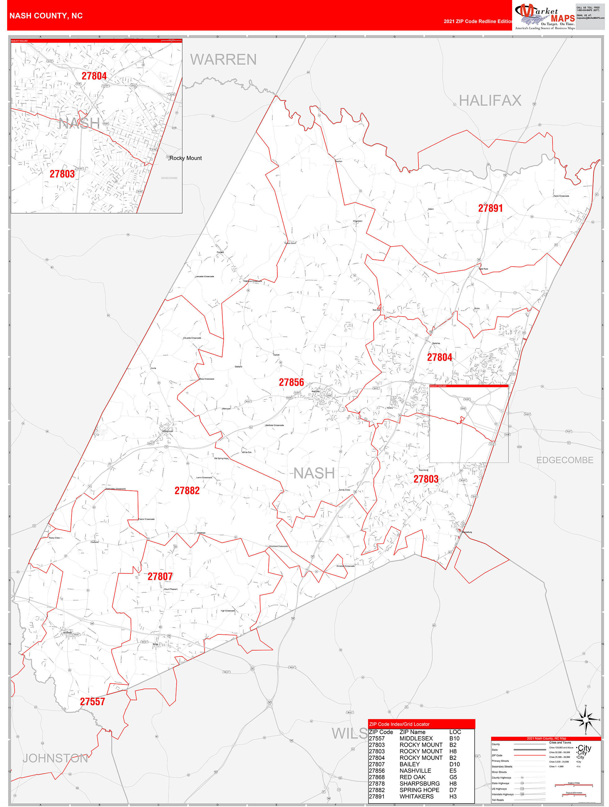 Nash County, NC Zip Code Wall Map Red Line Style by MarketMAPS