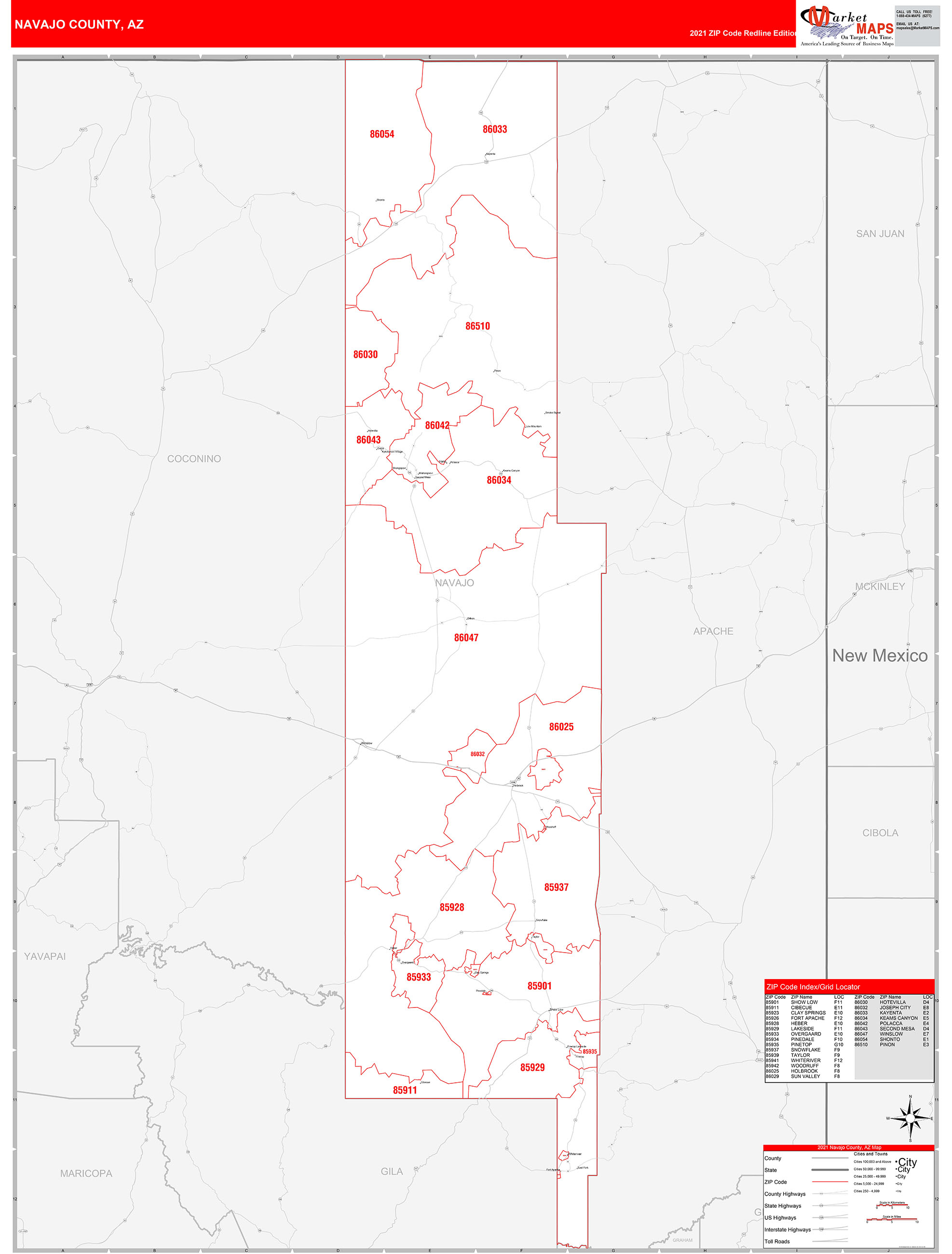 Navajo County, AZ Zip Code Wall Map Red Line Style by MarketMAPS - MapSales