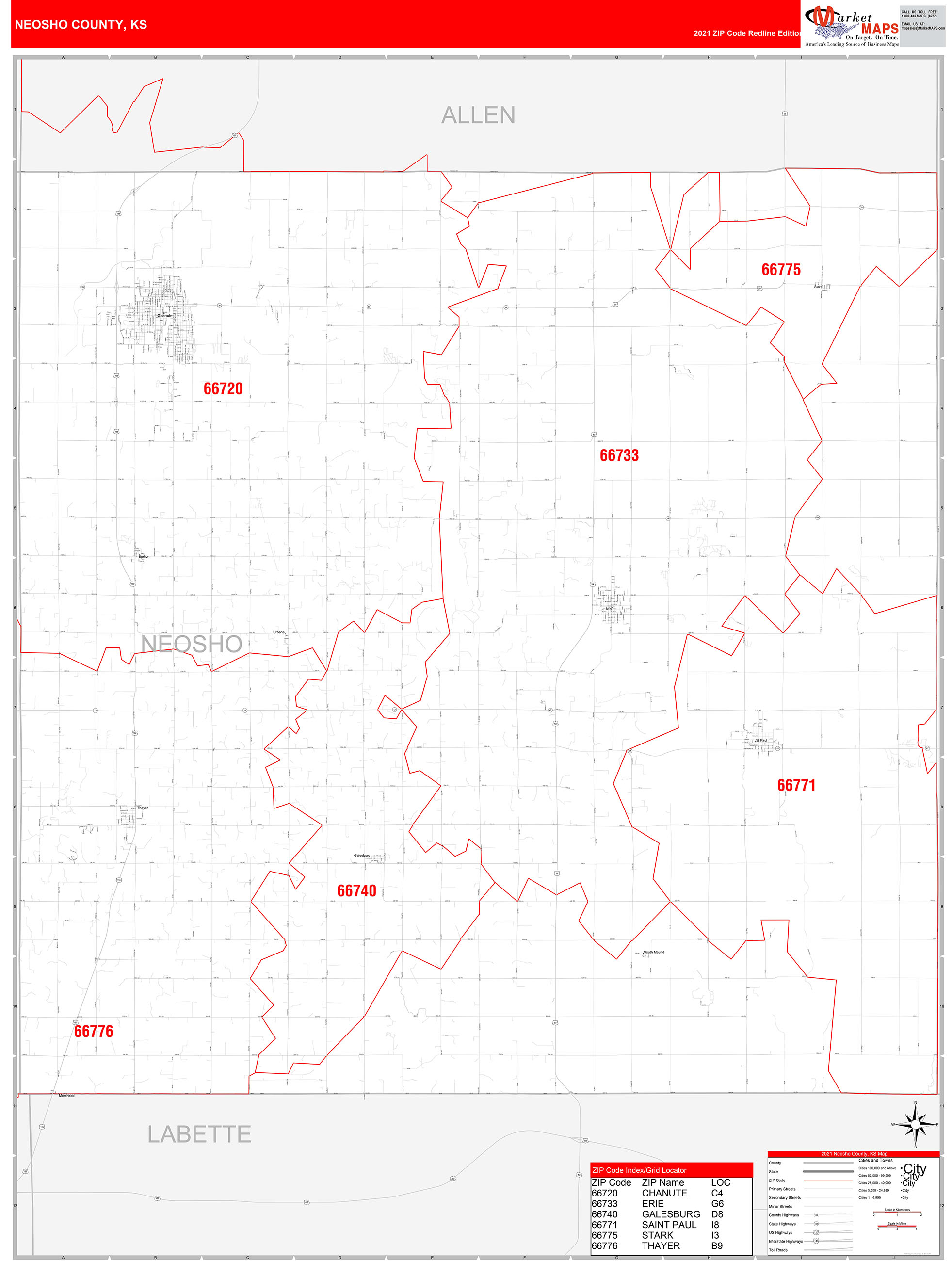 Neosho County, KS Zip Code Wall Map Red Line Style by MarketMAPS