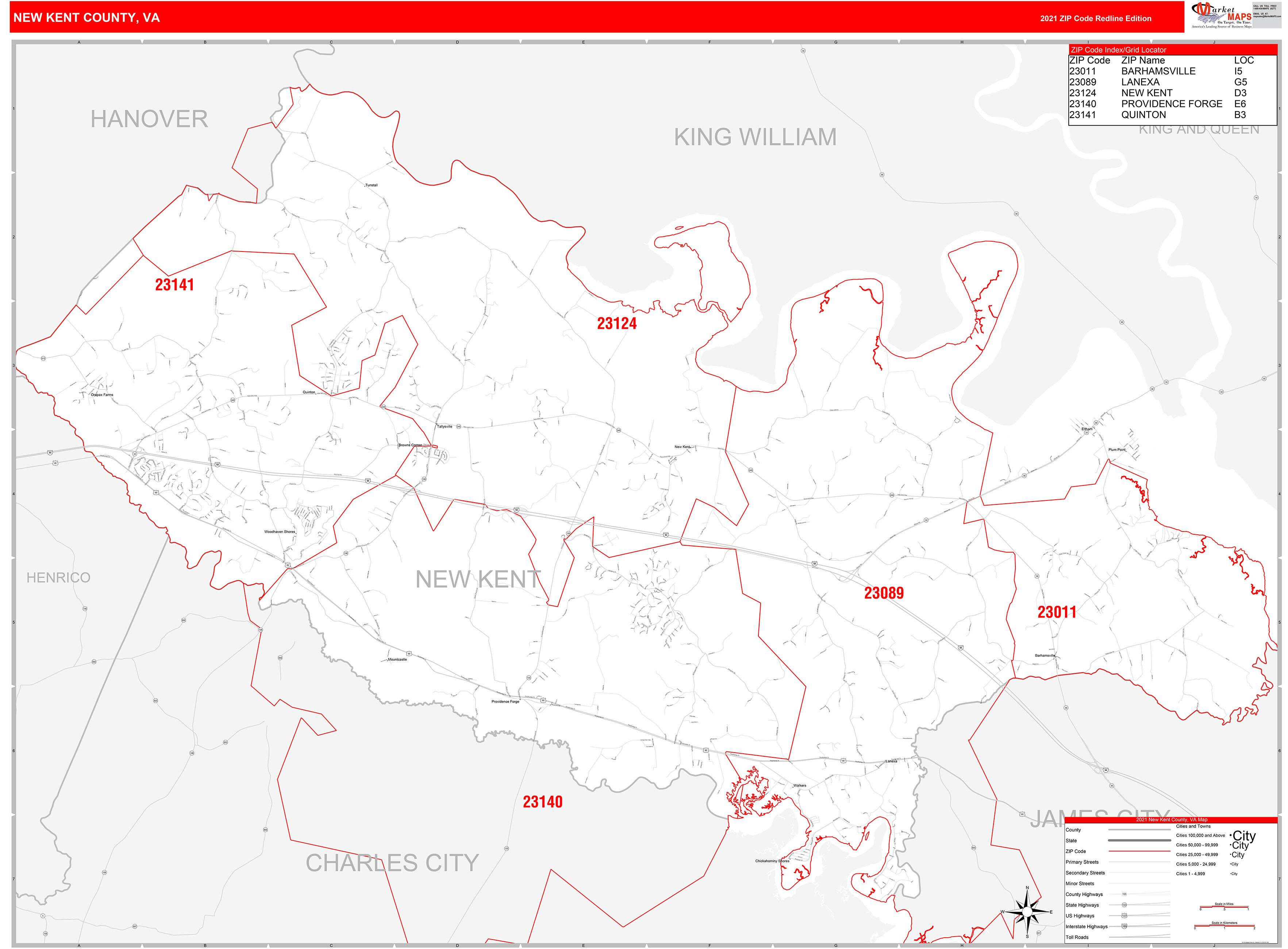 New Kent County, VA Zip Code Wall Map Red Line Style by MarketMAPS ...