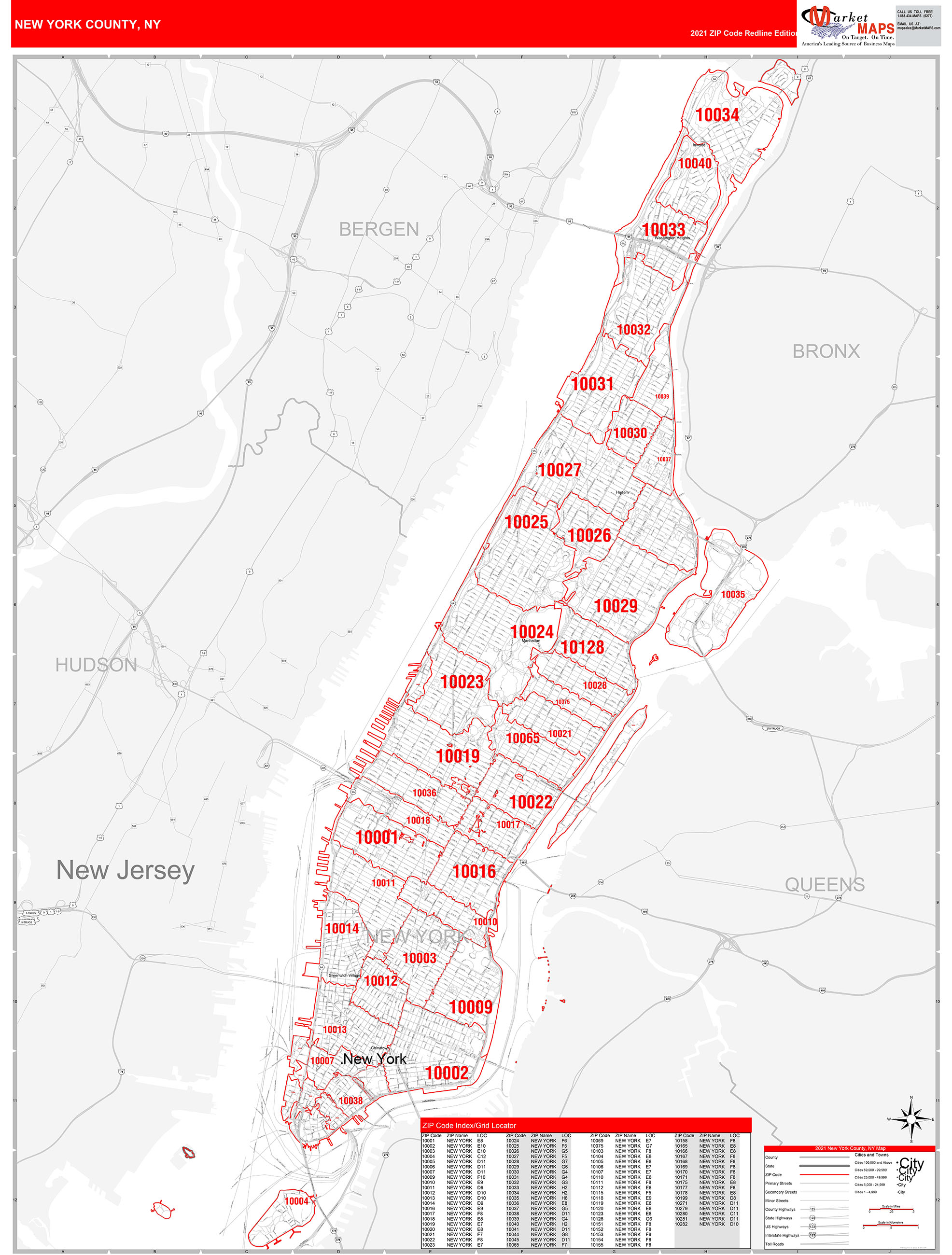 New York County Ny Zip Code Wall Map Red Line Style By Marketmaps Mapsales 7928