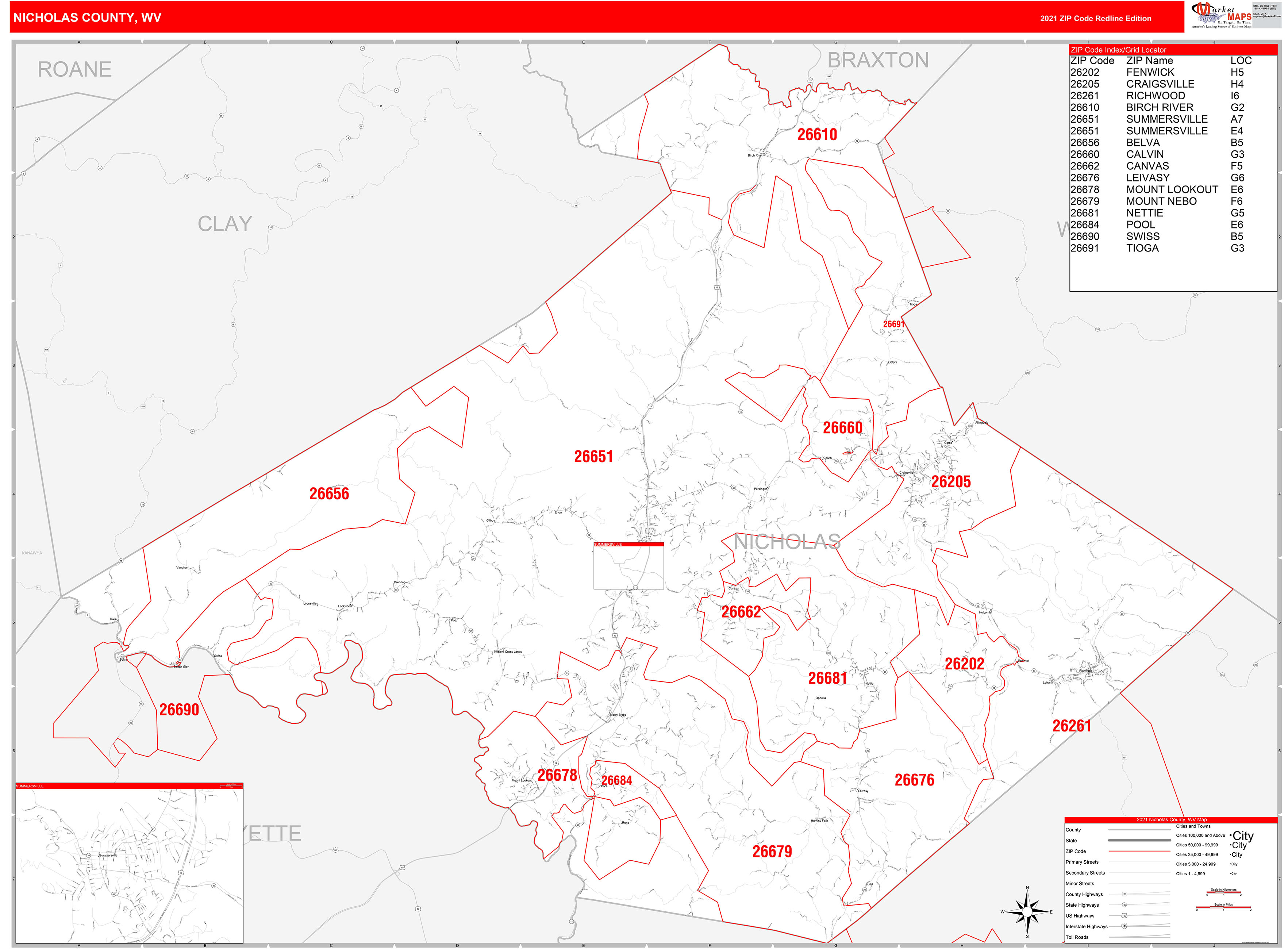 Nicholas County, WV Zip Code Wall Map Red Line Style by MarketMAPS