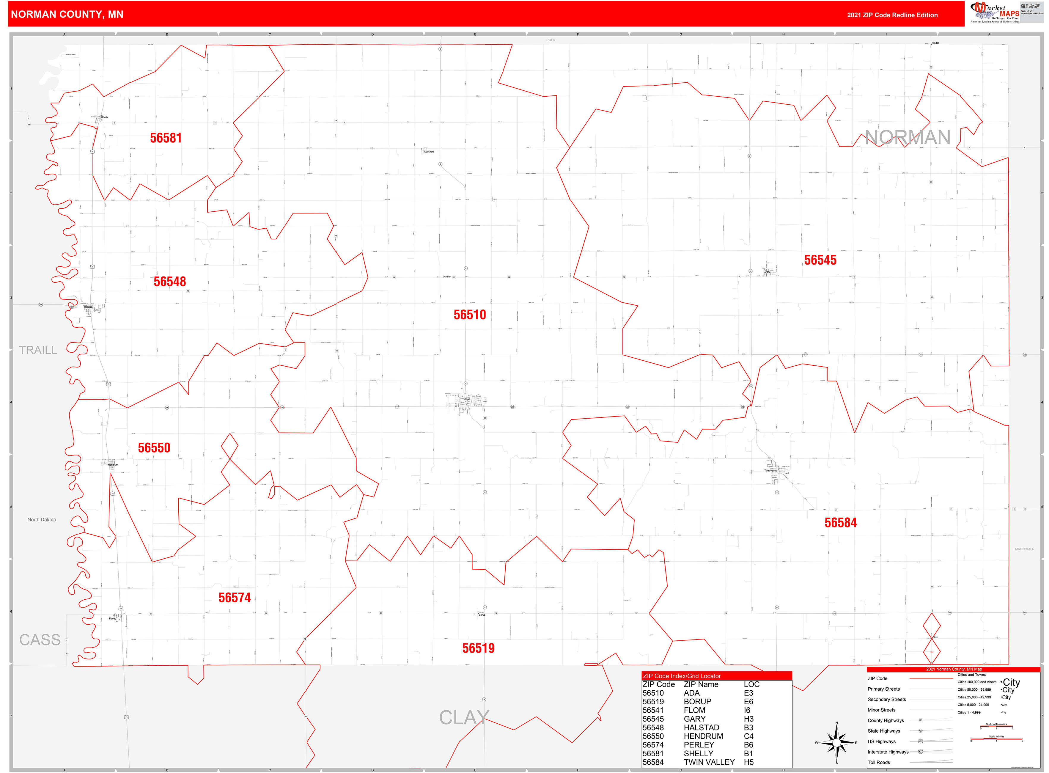 Norman County, MN Zip Code Wall Map Red Line Style by MarketMAPS