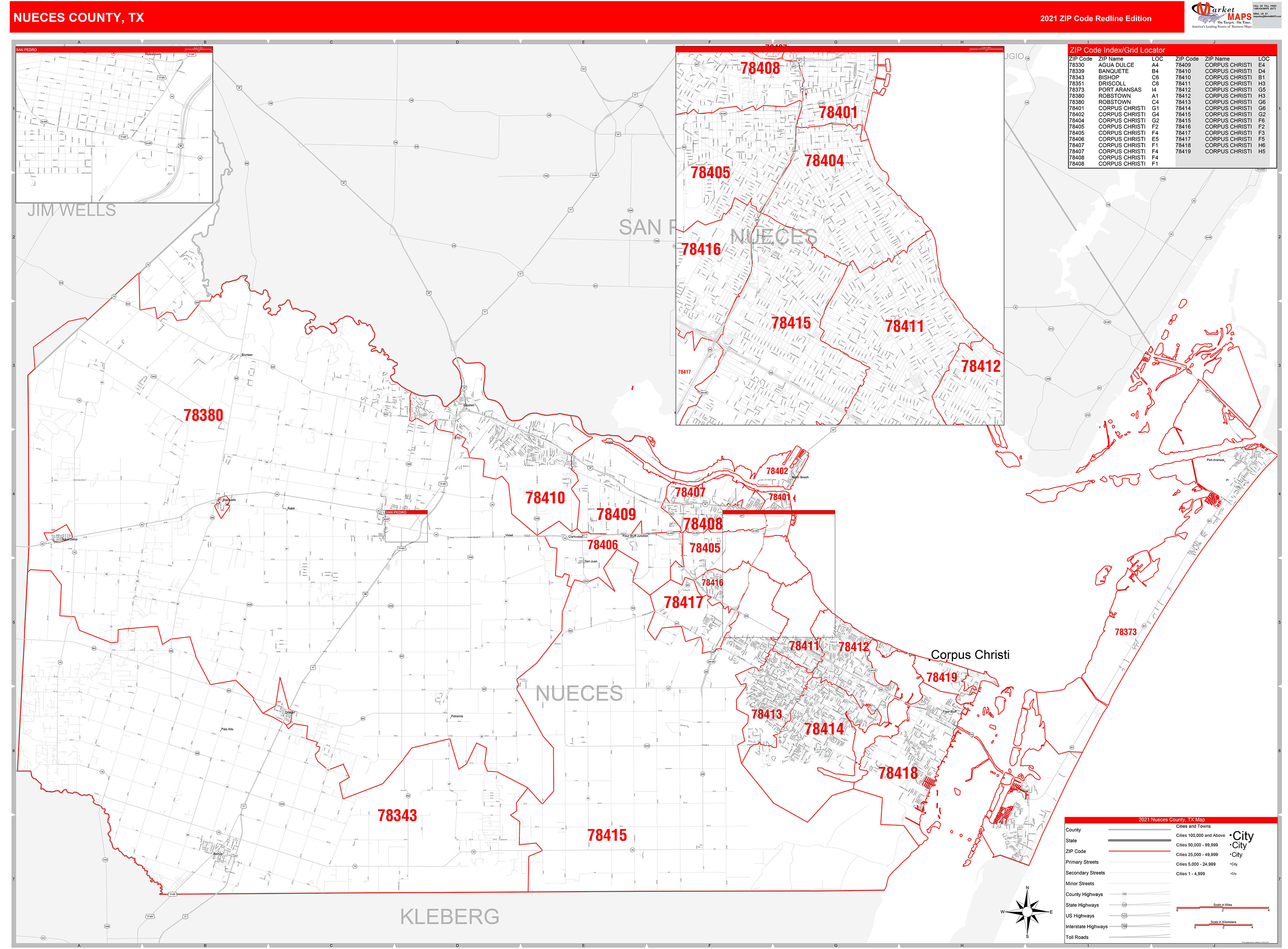 Nueces County Tx Zip Code Wall Map Red Line Style By Marketmaps Mapsales 5366