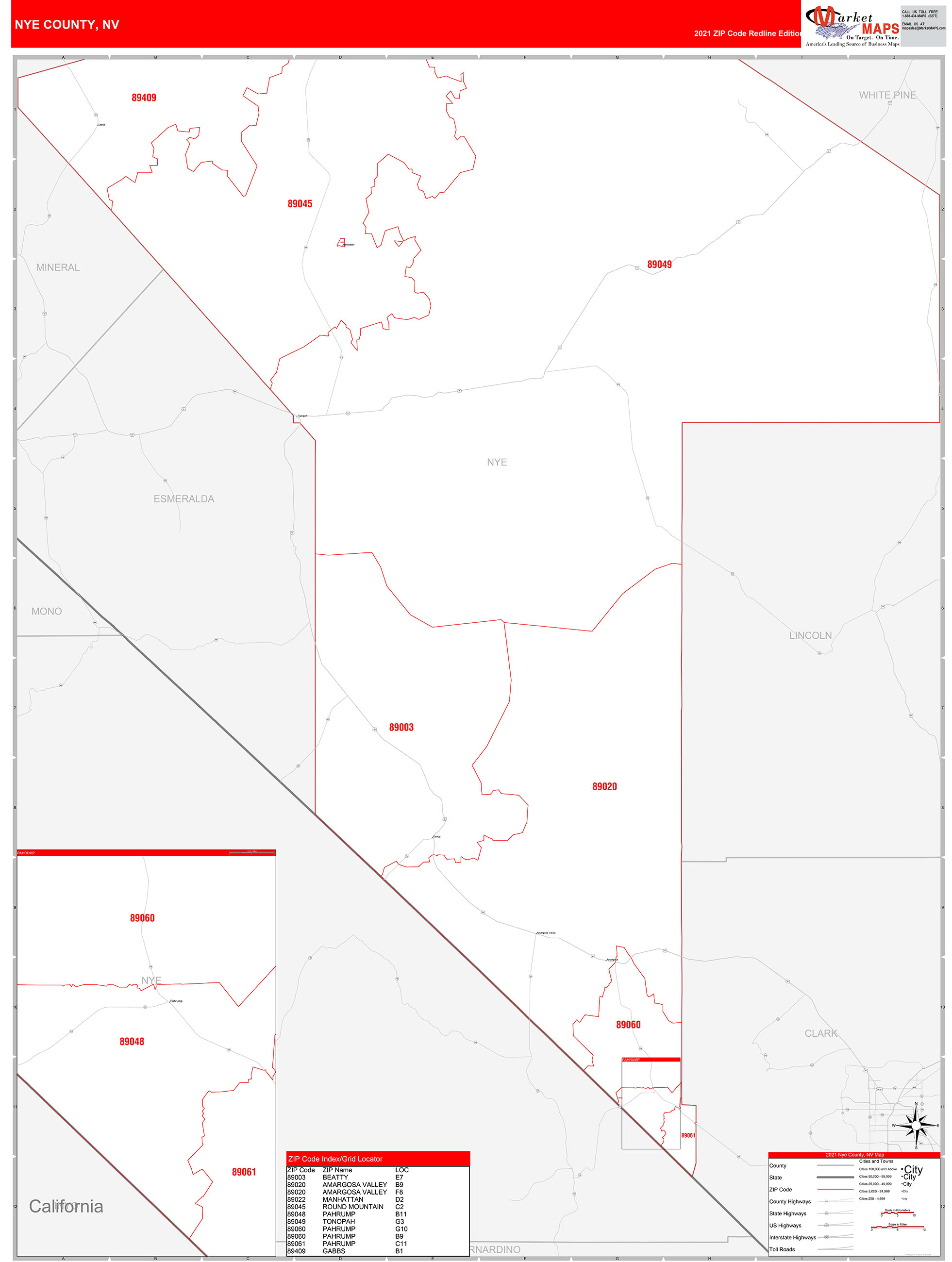 Nye County Nv Zip Code Wall Map Red Line Style By Marketmaps Mapsales 7352