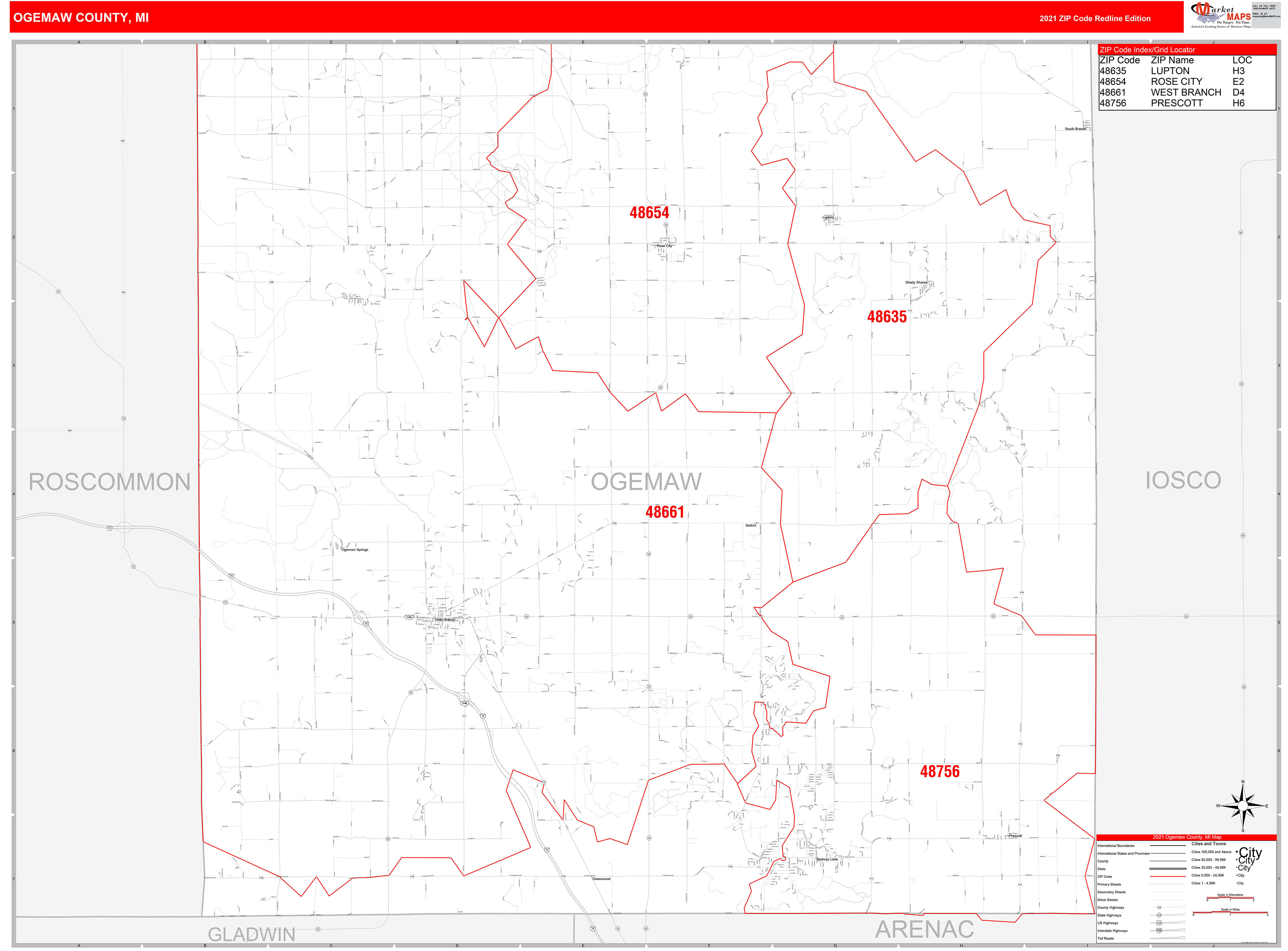 Ogemaw County, MI Zip Code Wall Map Red Line Style by MarketMAPS - MapSales