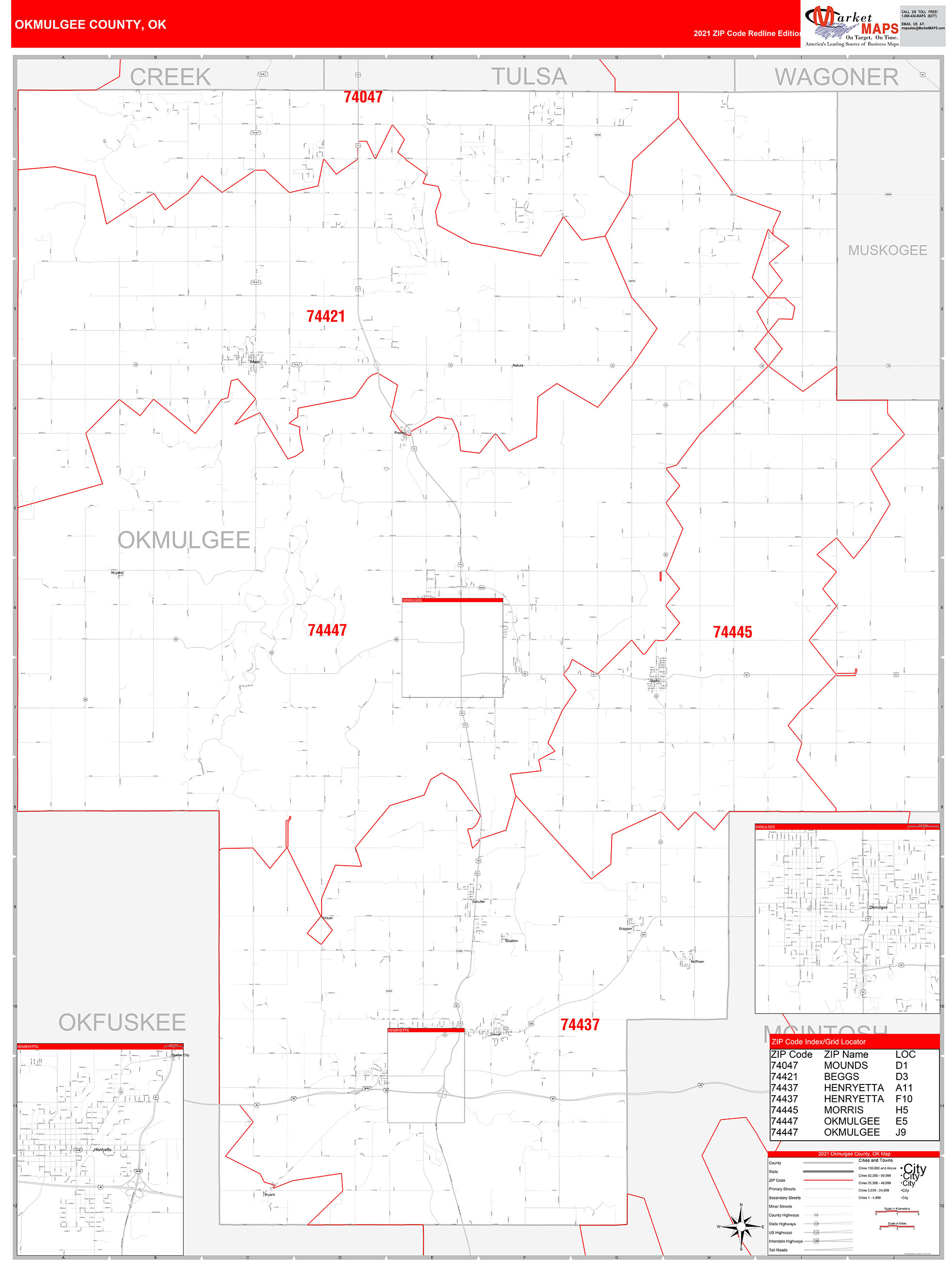 Okmulgee County, OK Zip Code Wall Map Red Line Style by MarketMAPS